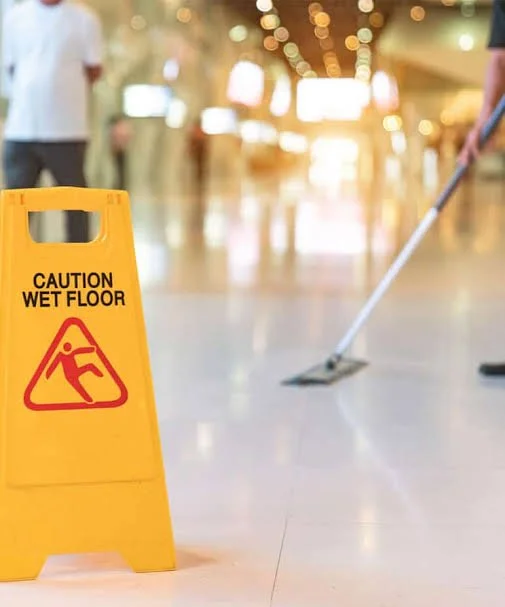 Yellow caution wet floor sign in a public venue representing premises liability and slip and fall injury legal claims