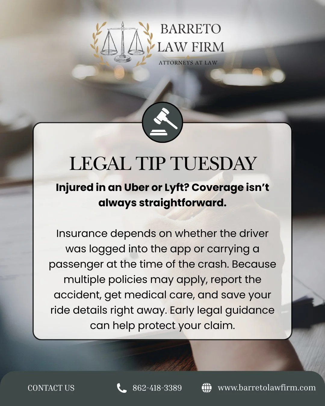 Rideshare accidents can involve more than one insurance policy, which often makes the claims process more complicated than people expect. Taking the right steps early can help protect your rights and avoid delays!

📞 Call Barreto Law Firm at 862-418
