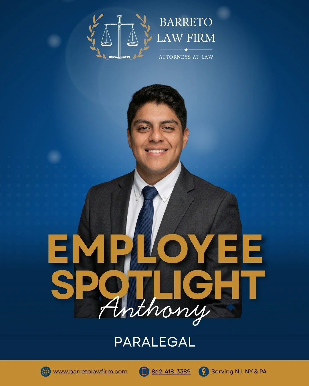 Meet Anthony, one of our dedicated paralegals! Anthony is an essential part of our team, helping guide cases from start to finish with attention to detail and dedication. He works closely with clients, gathers critical documents, and communicates wit
