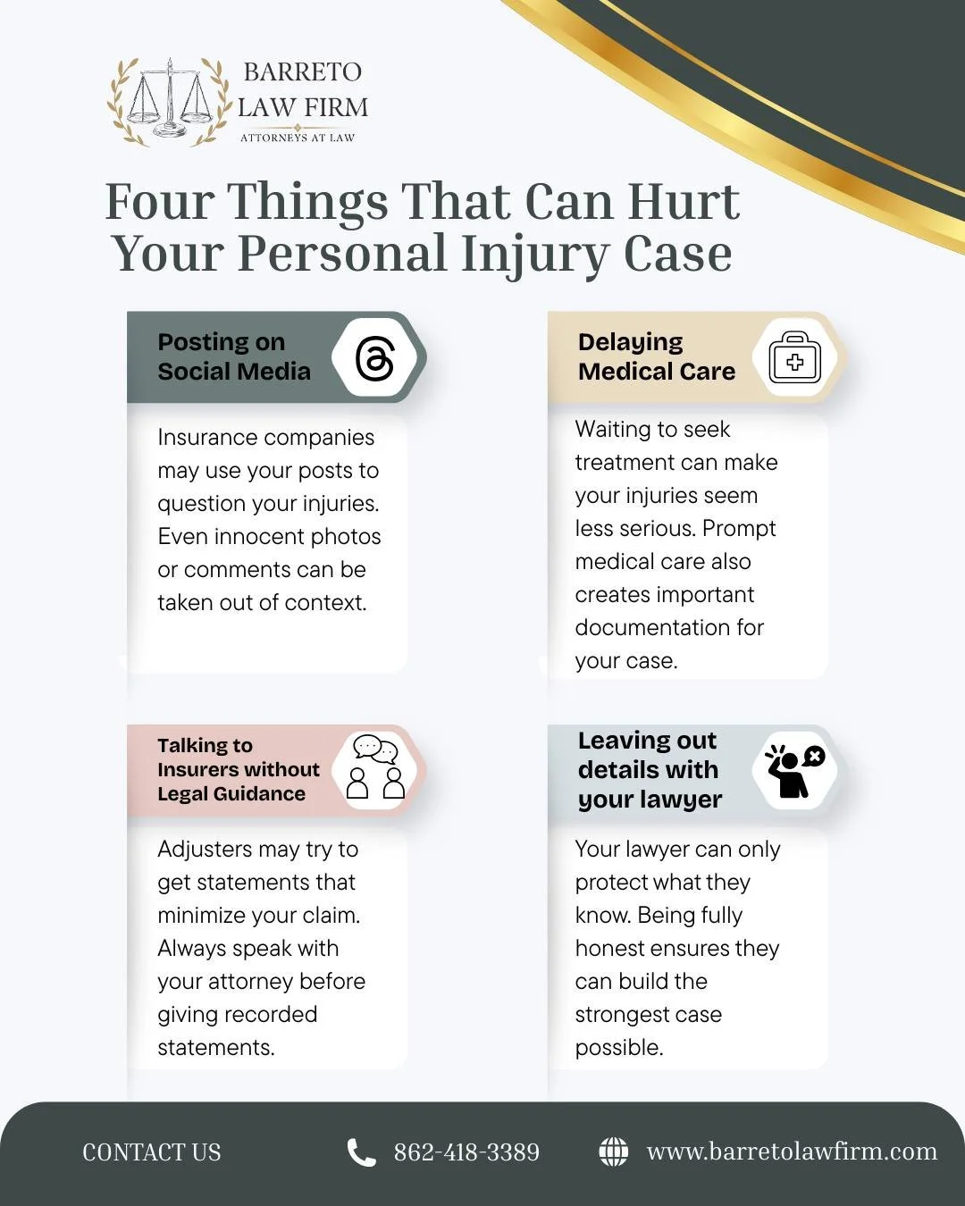 Not all mistakes happen at the scene of an accident - some happen after. These four common missteps can seriously impact your personal injury case. If you&rsquo;ve been injured, protecting your claim starts with what you do next.

📞 Questions about 