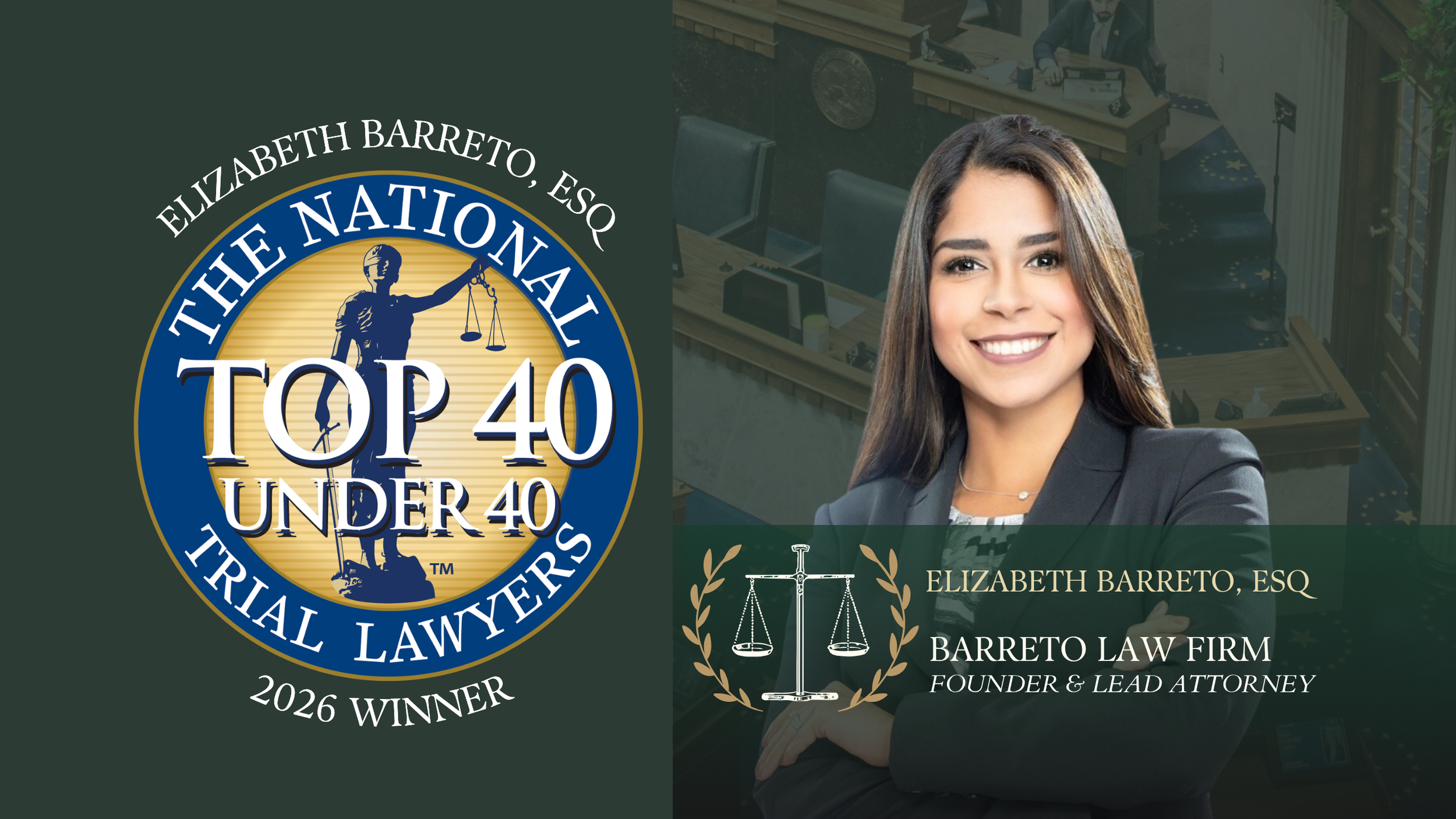 Elizabeth Barreto, abogada, nombrada una de las 40 mejores abogadas litigantes menores de 40 años de Nueva Jersey.