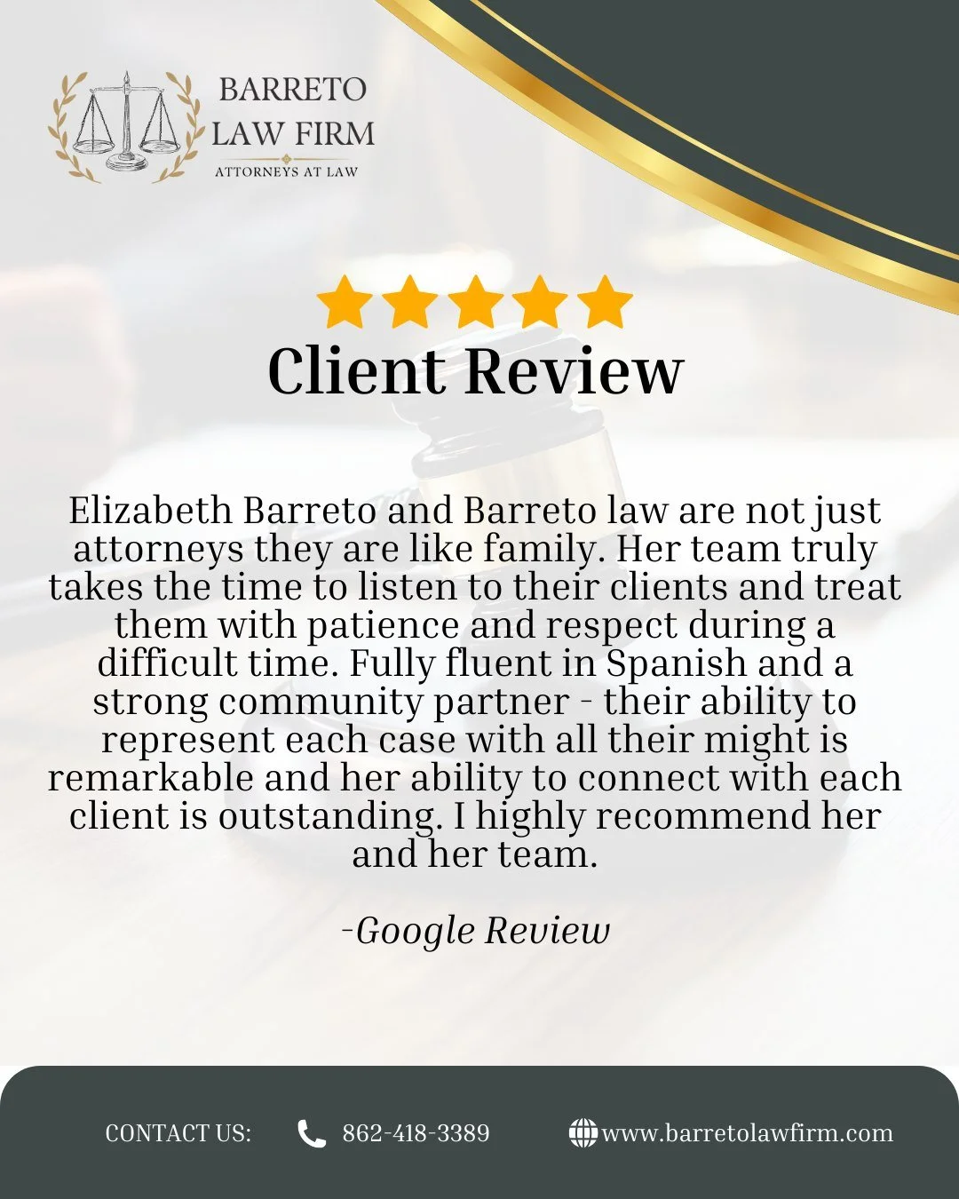 No hay nada más gratificante para nosotros que saber lo apoyados que se sintieron nuestros clientes en los momentos difíciles. 💛 En Barreto Law, creemos que todos los clientes merecen ser escuchados, respetados y representados con compasión y determinación. Gracias