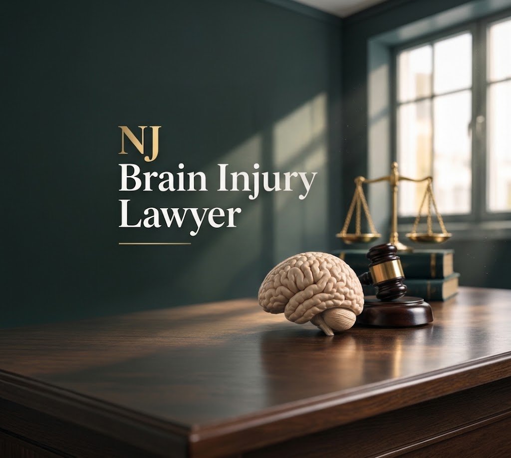 Professional legal office interior featuring a dark wooden desk with an anatomical brain model, a wooden judge's gavel, and scales of justice, alongside the text "NJ Brain Injury Lawyer".
