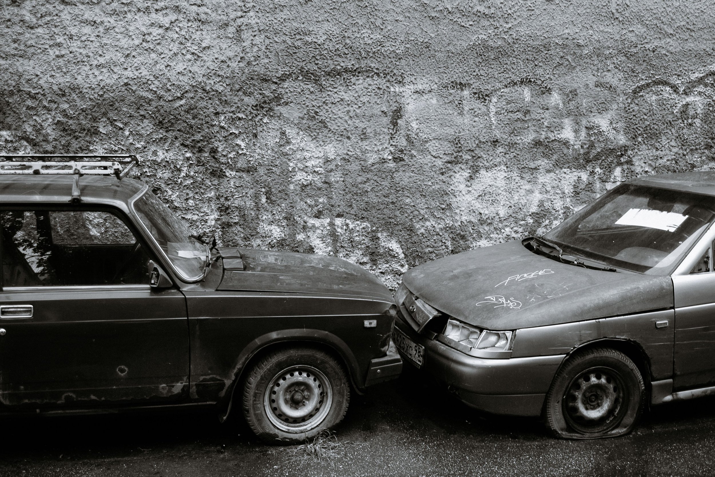 Two damaged cars after a vehicle collision, a common cause of bicycle accidents