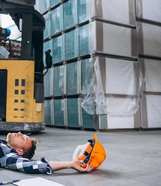Un trabajador de almacén tumbado en el suelo junto a un casco de seguridad y una carretilla elevadora; un accidente laboral que podría dar derecho a una indemnización por accidente de trabajo.