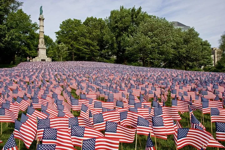 A field filled with numerous small American flags planted in the ground, with a statue in the background surrounded by trees.