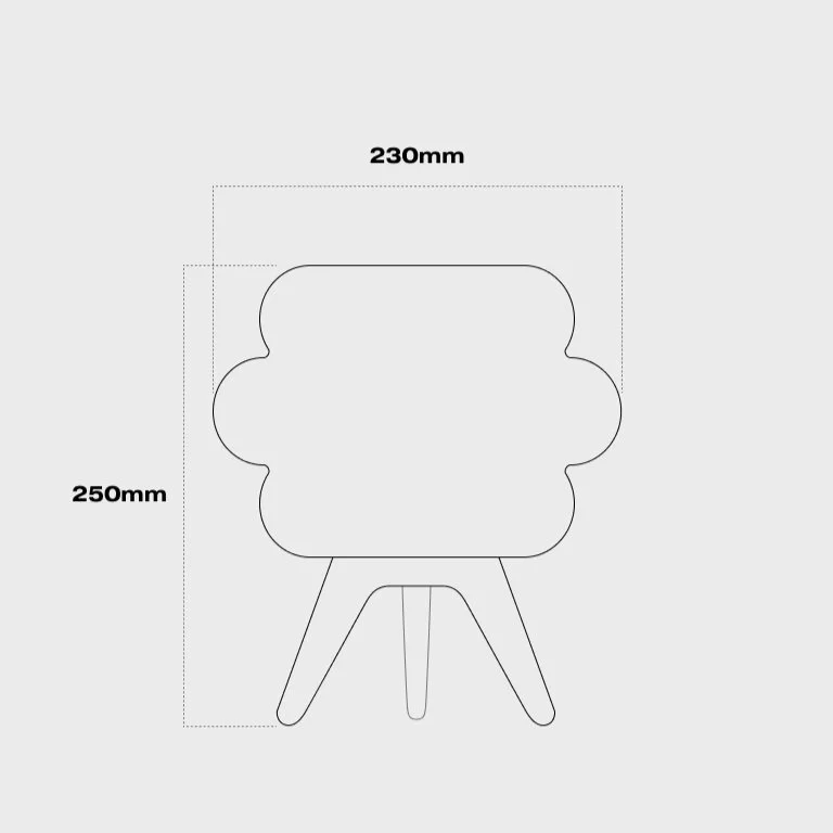 Kumo lamp dimensions: 230mm width, 250mm height. A sculptural, modern lamp designed for soft ambient lighting.
