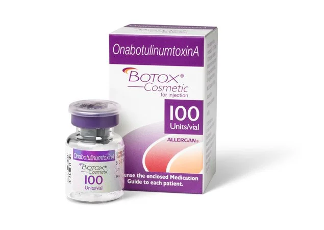 Vial and packaging of Botox Cosmetic by Allergan, labeled OnabotulinumtoxinA with 100 units per vial.