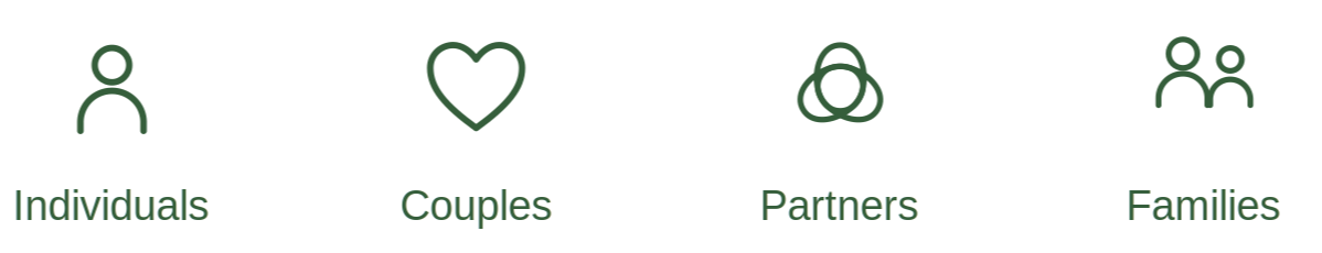 Icons representing categories: Individuals, Couples, Partners, Families, with labels underneath.