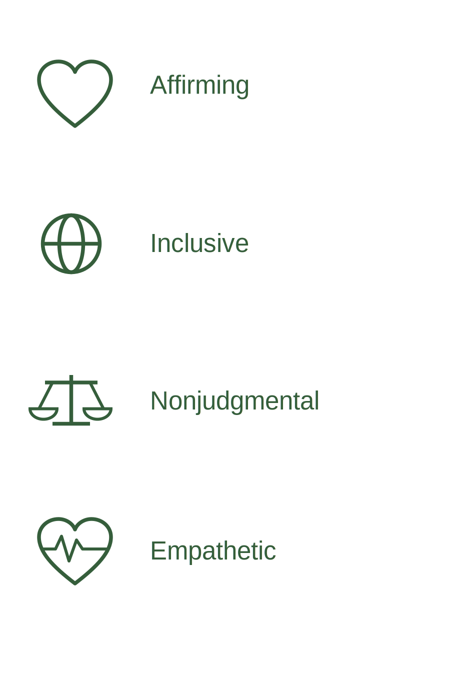Infographic with four icons and words: a heart with 'Affirming,' a globe with 'Inclusive,' a scale with 'Nonjudgmental,' and a heart with a heartbeat line with 'Empathetic.'