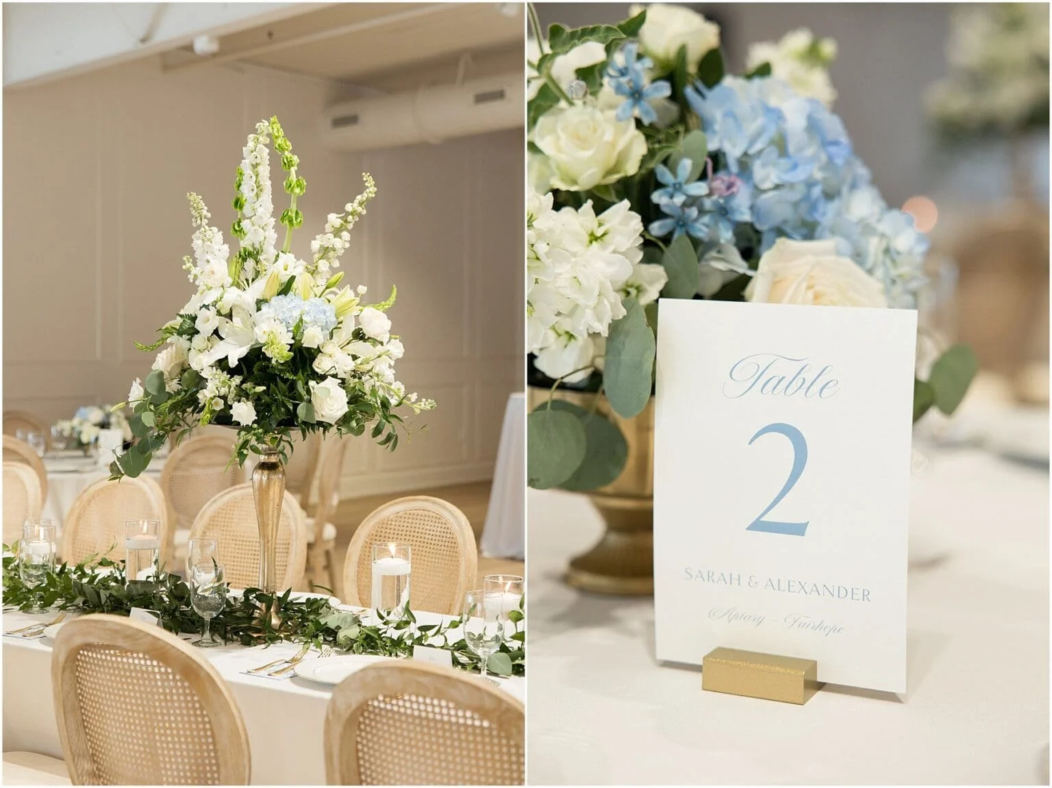 Left side: Elegant wedding reception table with a tall floral centerpiece featuring white roses, blue hydrangeas, and greenery, surrounded by candles and beige rattan chairs. Right side: Close-up of a table number card reading "Table 2" with floral a