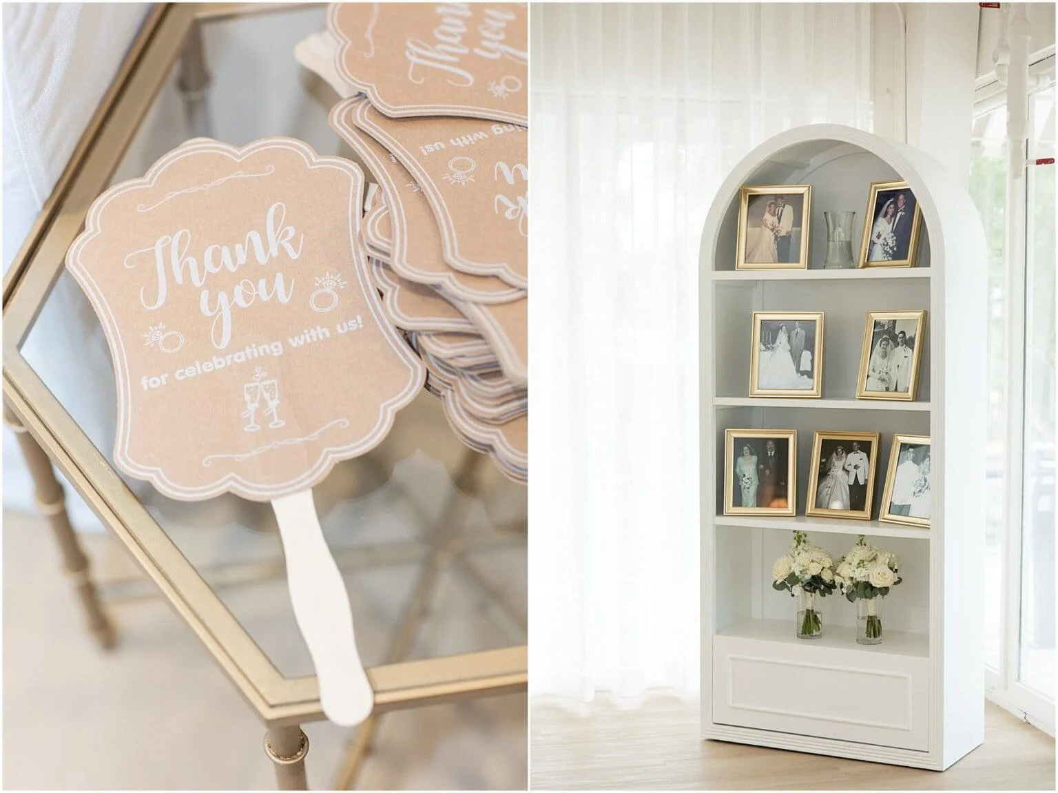 Thank you notes on a table and a white bookshelf with framed photographs and floral arrangements.