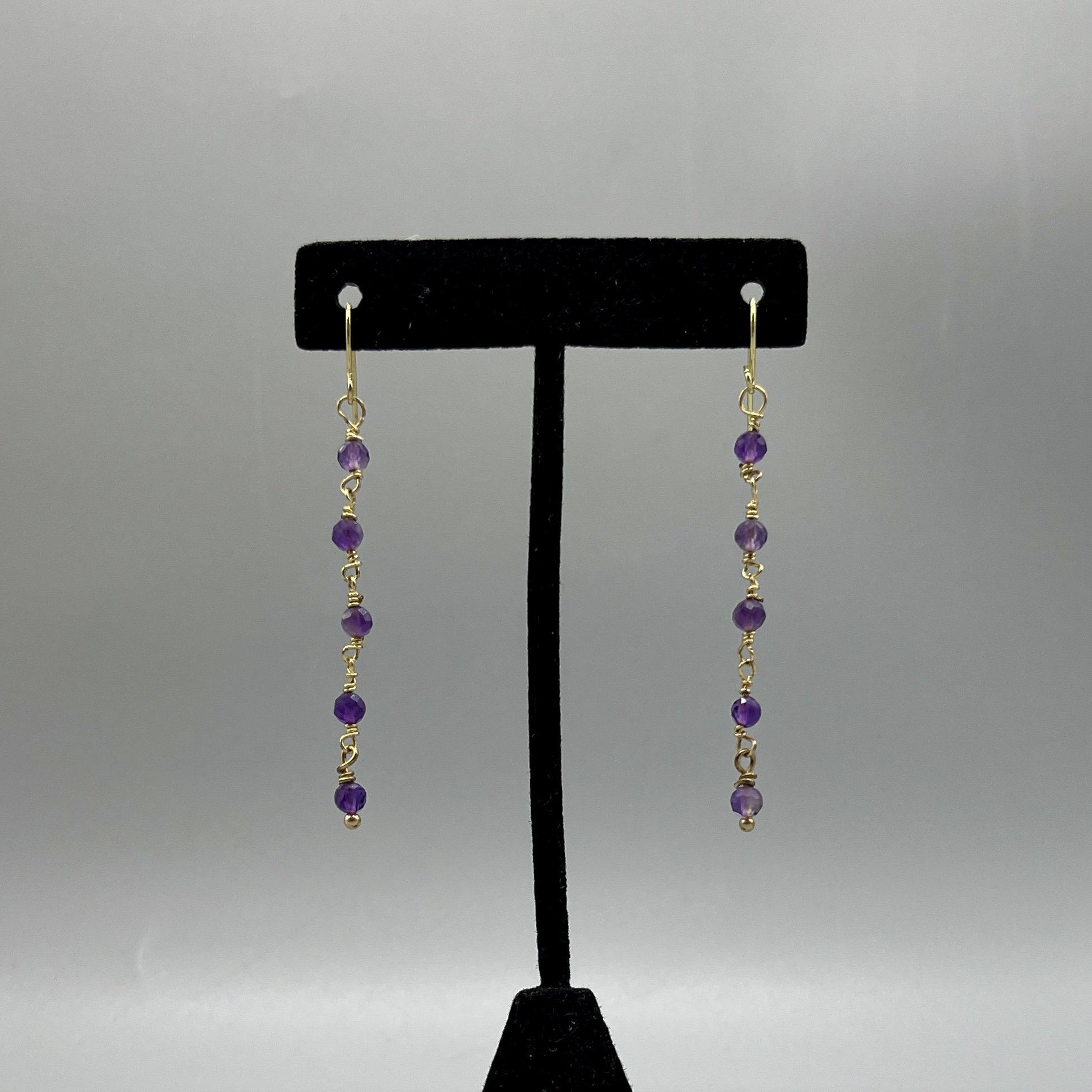 earrings dangle chained amethyst and gold colored wire purple stones