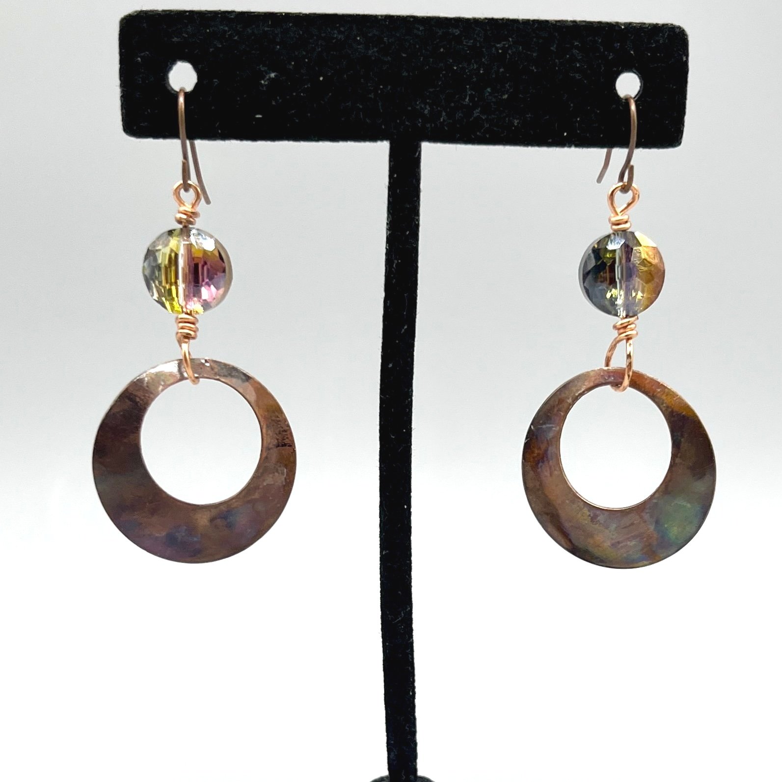 earrings dichroic glass and dangle copper O's heated to a rainbow oxidation patina