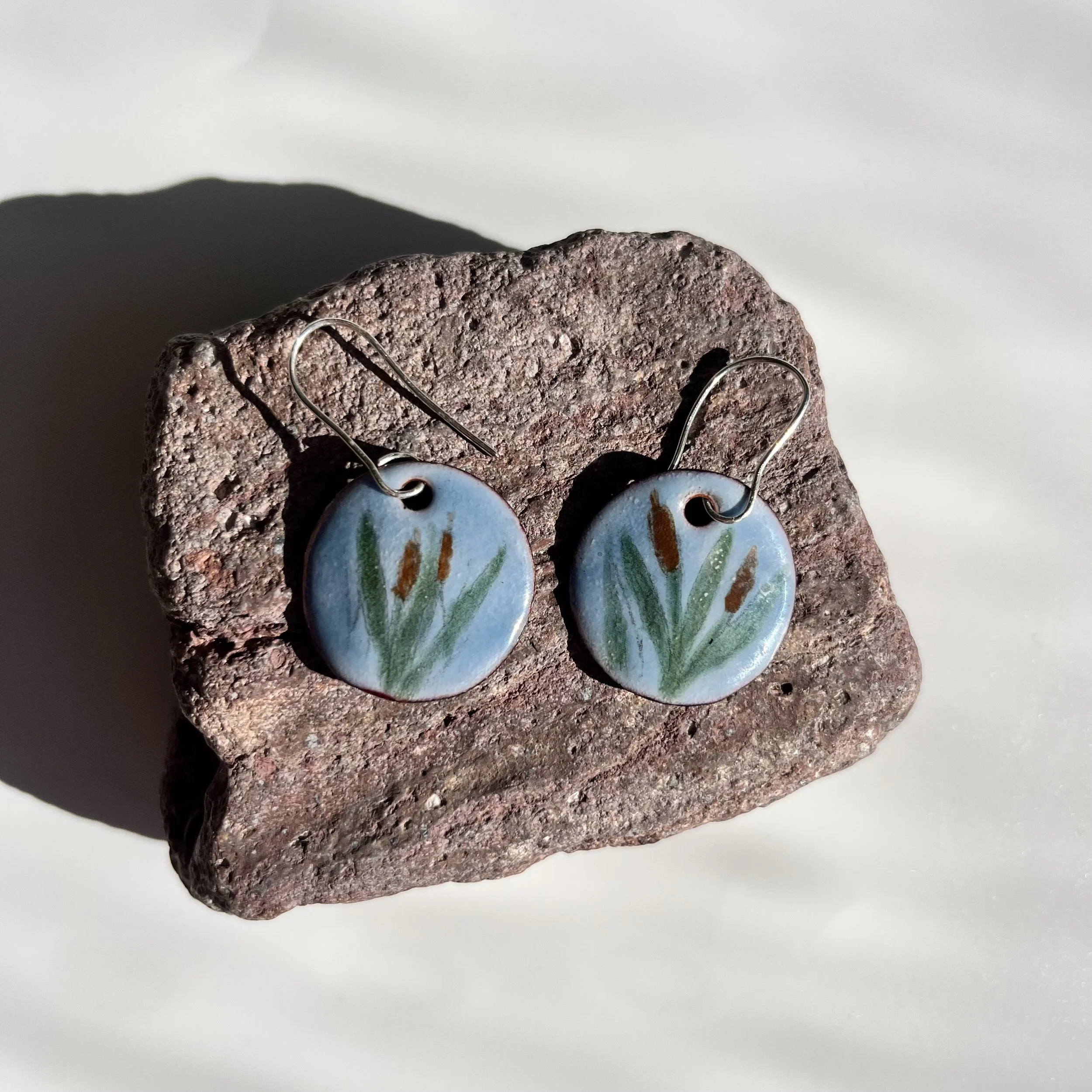 1 inch circle earrings painted with cattails