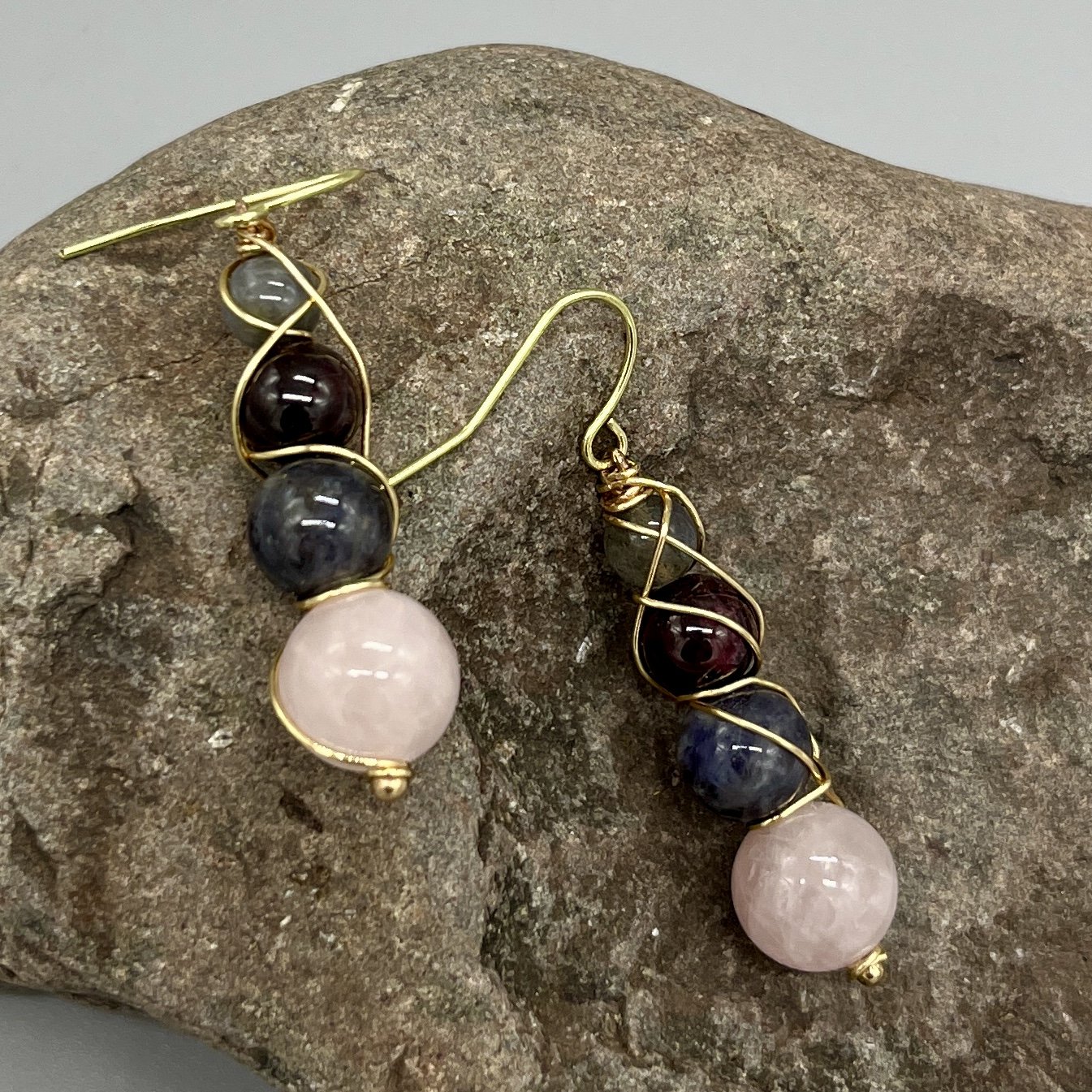 earrings dangle stacked stones gray labradorite, red Garnet, blue Iolite, pink rose quartz iolit