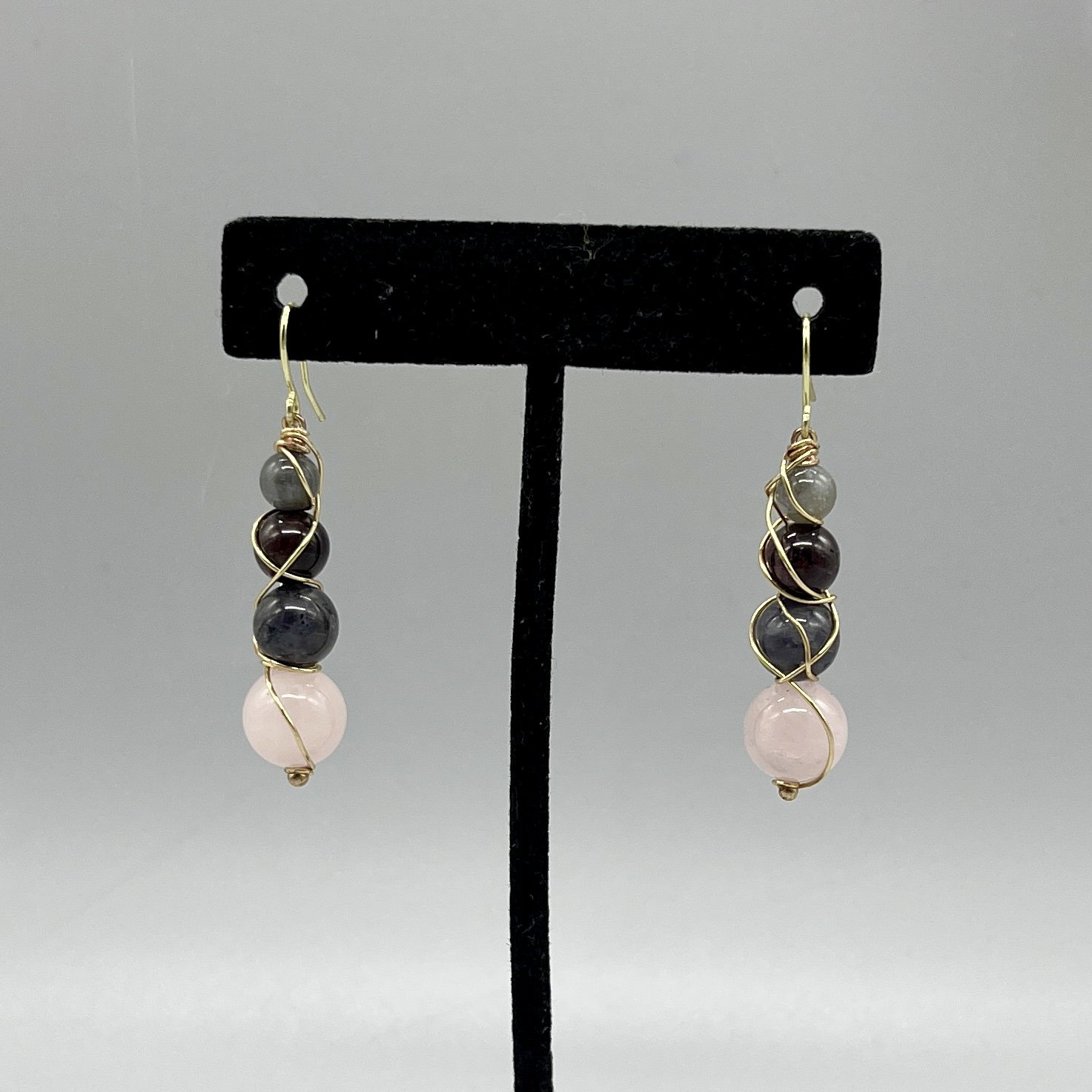 earrings dangle stacked stones gray labradorite, red Garnet, blue Iolite, pink rose quartz iolit