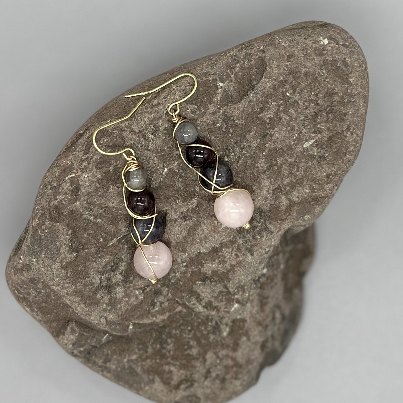 earrings dangle stacked stones gray labradorite, red Garnet, blue Iolite, pink rose quartz iolit