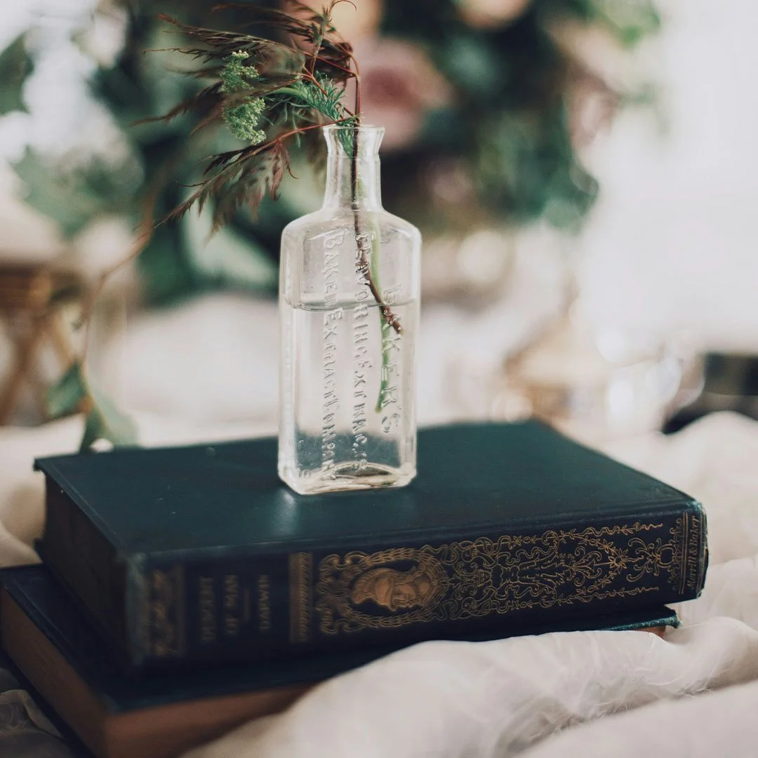 Vintage glass bottle with a plant stem, placed on two ornate books with decorative covers.