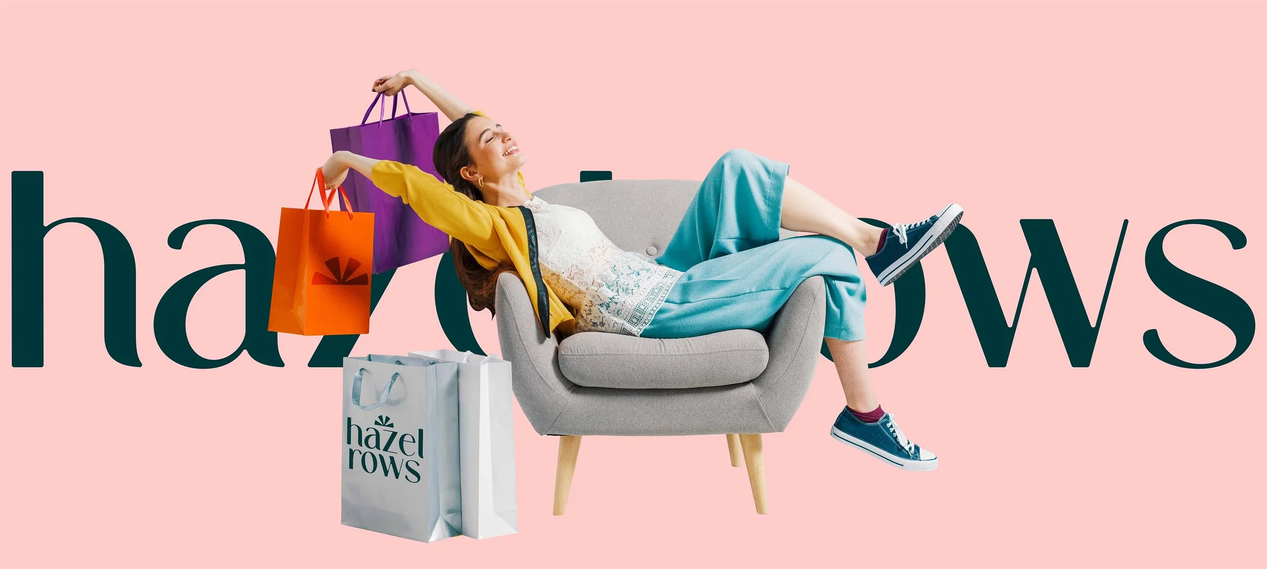 Woman sitting on a chair with shopping bags, hazel rows branding in background, pink backdrop.