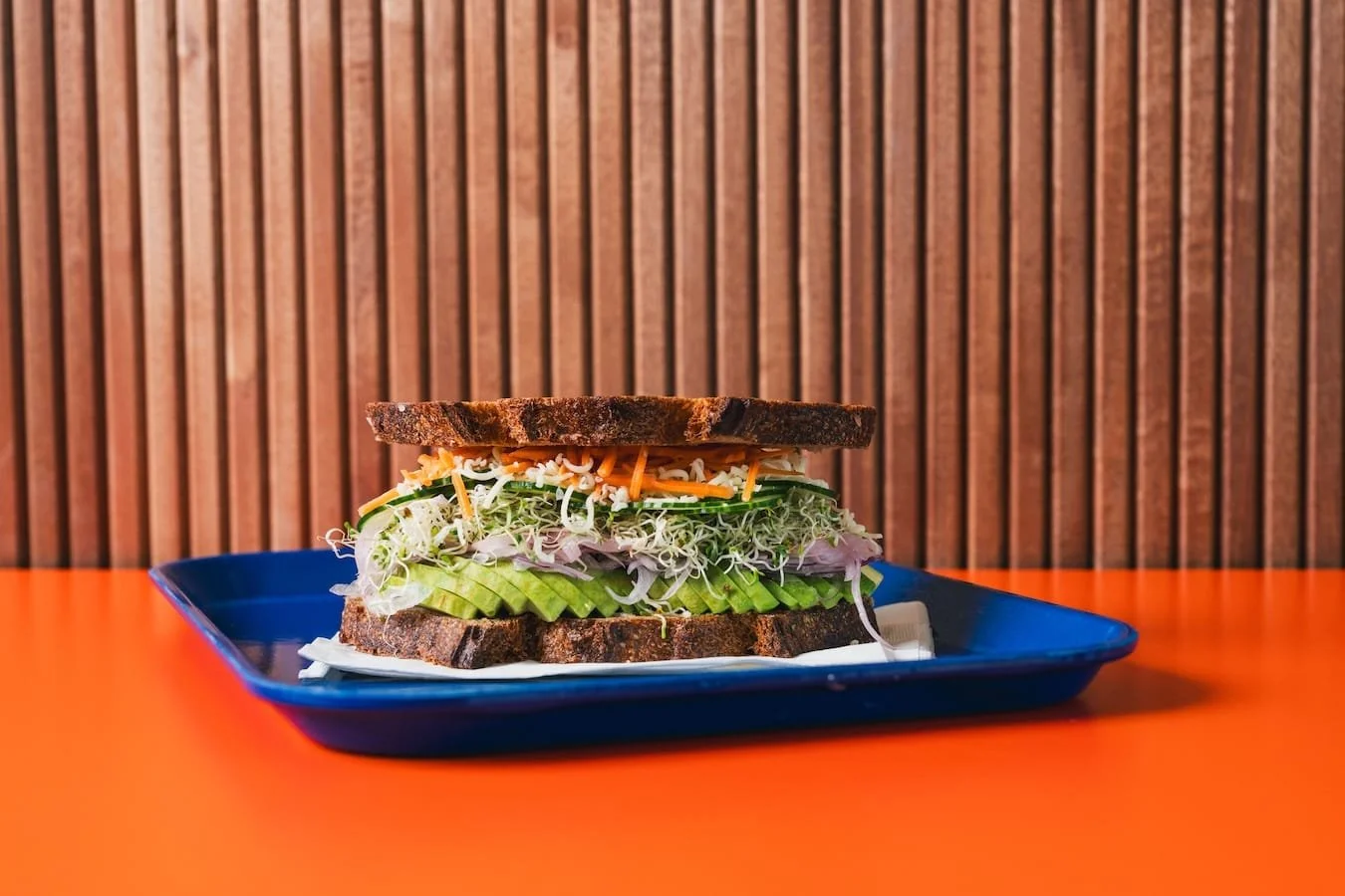 Sandwich with toasted bread, lettuce, shredded cheese, sprouts, sliced cucumber, and shredded carrots on a blue tray with an orange table and wooden wall background.