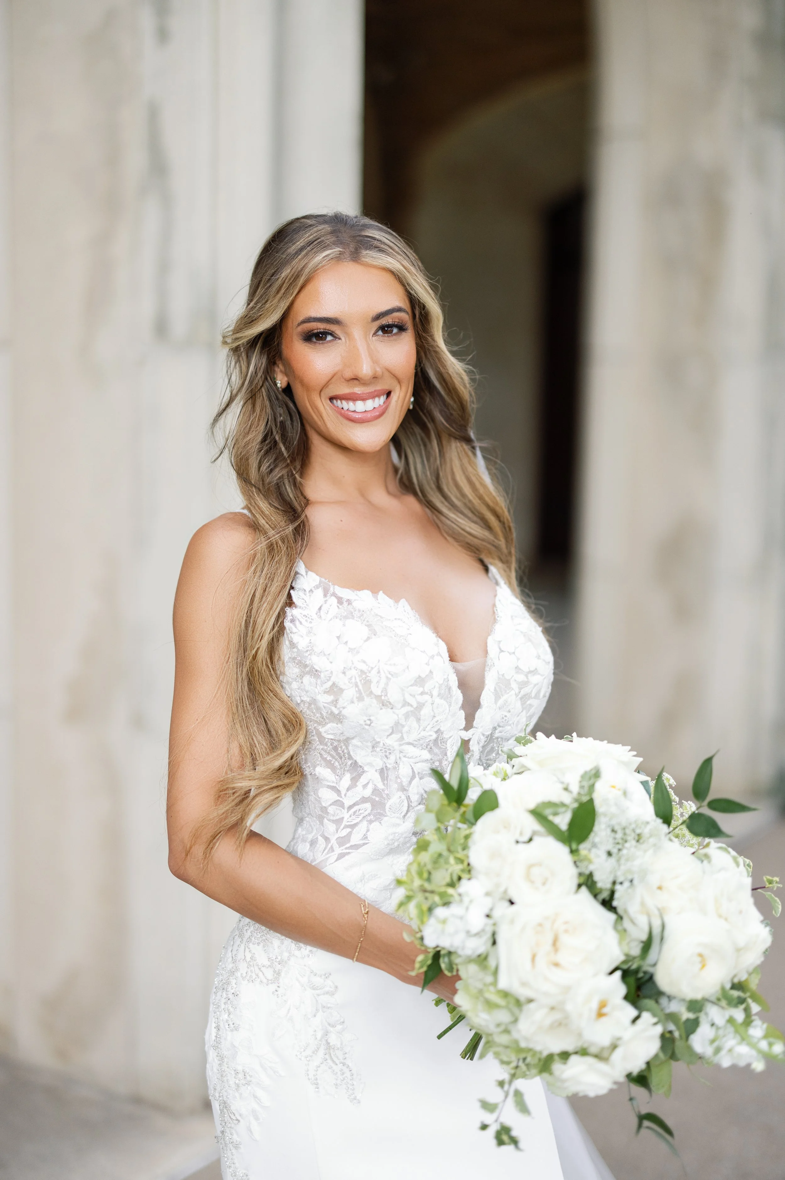 Soft glam bridal makeup with glamorous waves