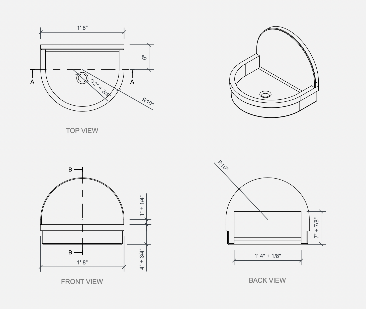 Technical drawing of a semi-circular shower stall with dimensions, including top, front, back views, and a 3D isometric view.
