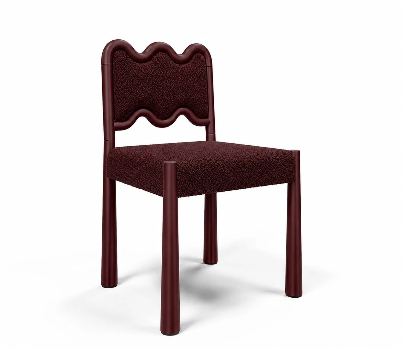 A maroon upholstered chair with a textured fabric, wooden legs, and a backrest featuring a wavy design.