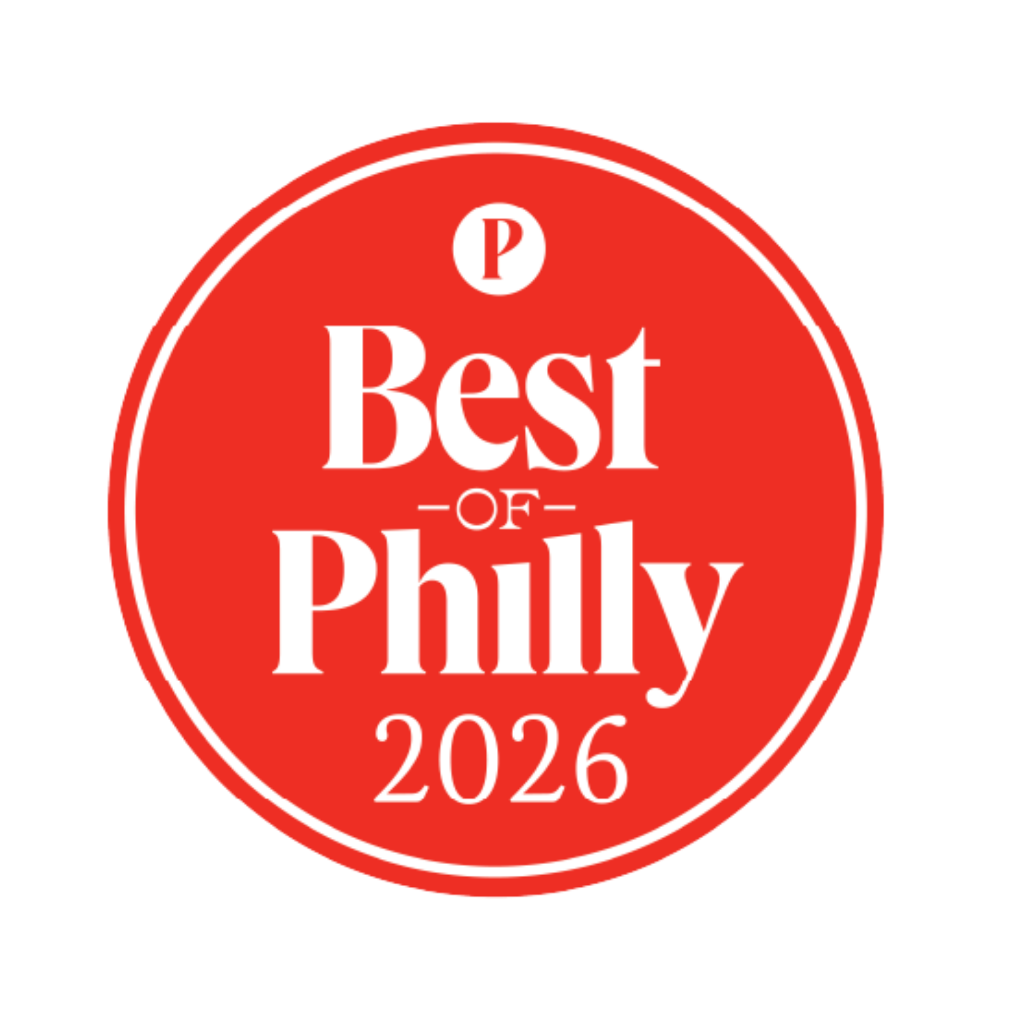 Red circular badge with white text that reads 'Best of Philly 2026' and small 'P' in a circle at the top center.