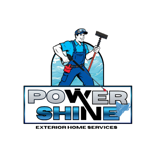 Logo for Power Shine Exterior Home Services featuring a cartoon worker with a squeegee and spray bottle, with blue and gray text and a water splash.