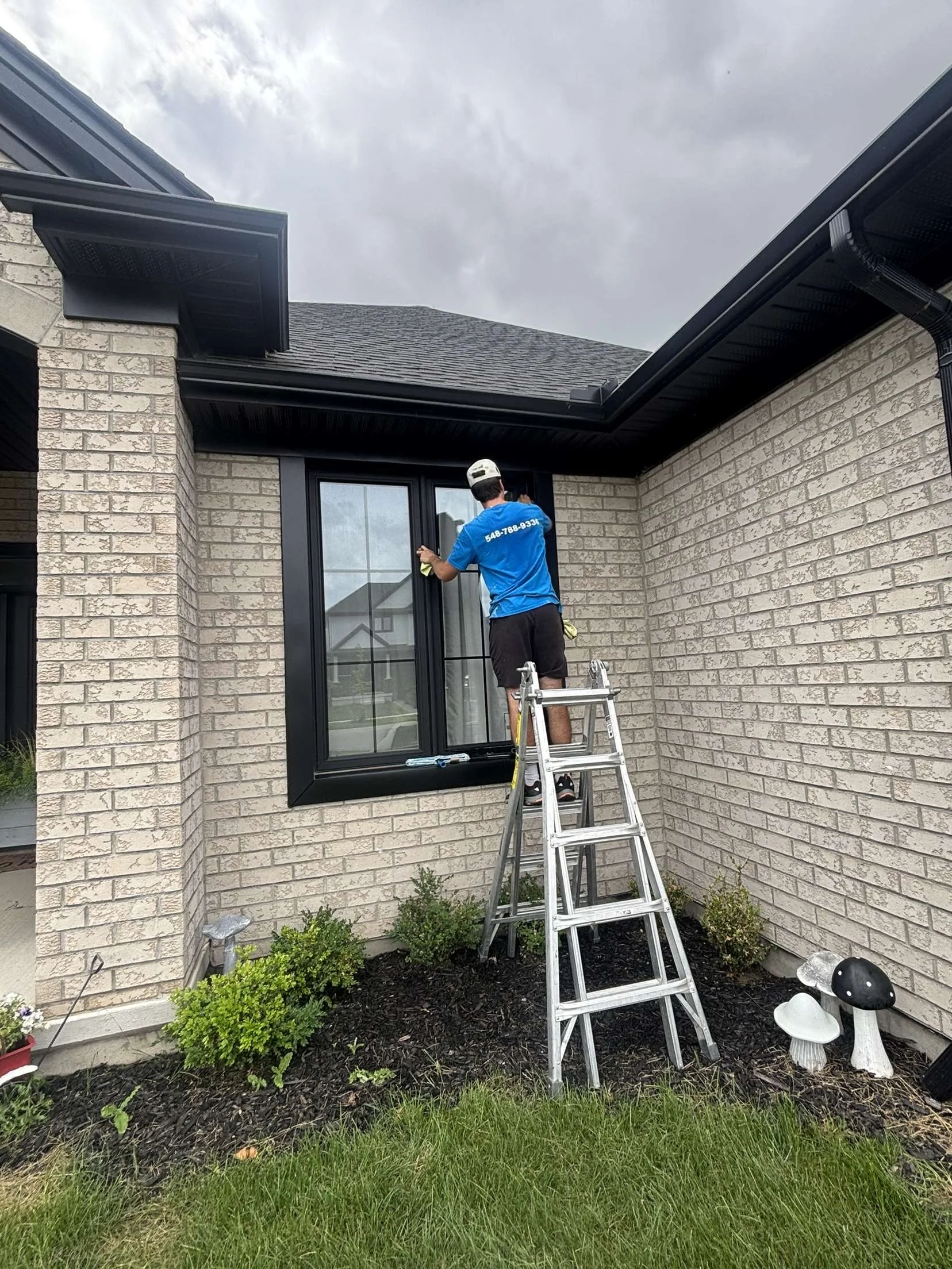 A man standing on a ladder cleaning or fixing a black-framed window on the exterior of a brick house. The house has a landscaped front yard with green shrubs and decorative mushroom garden ornaments. The sky is cloudy.