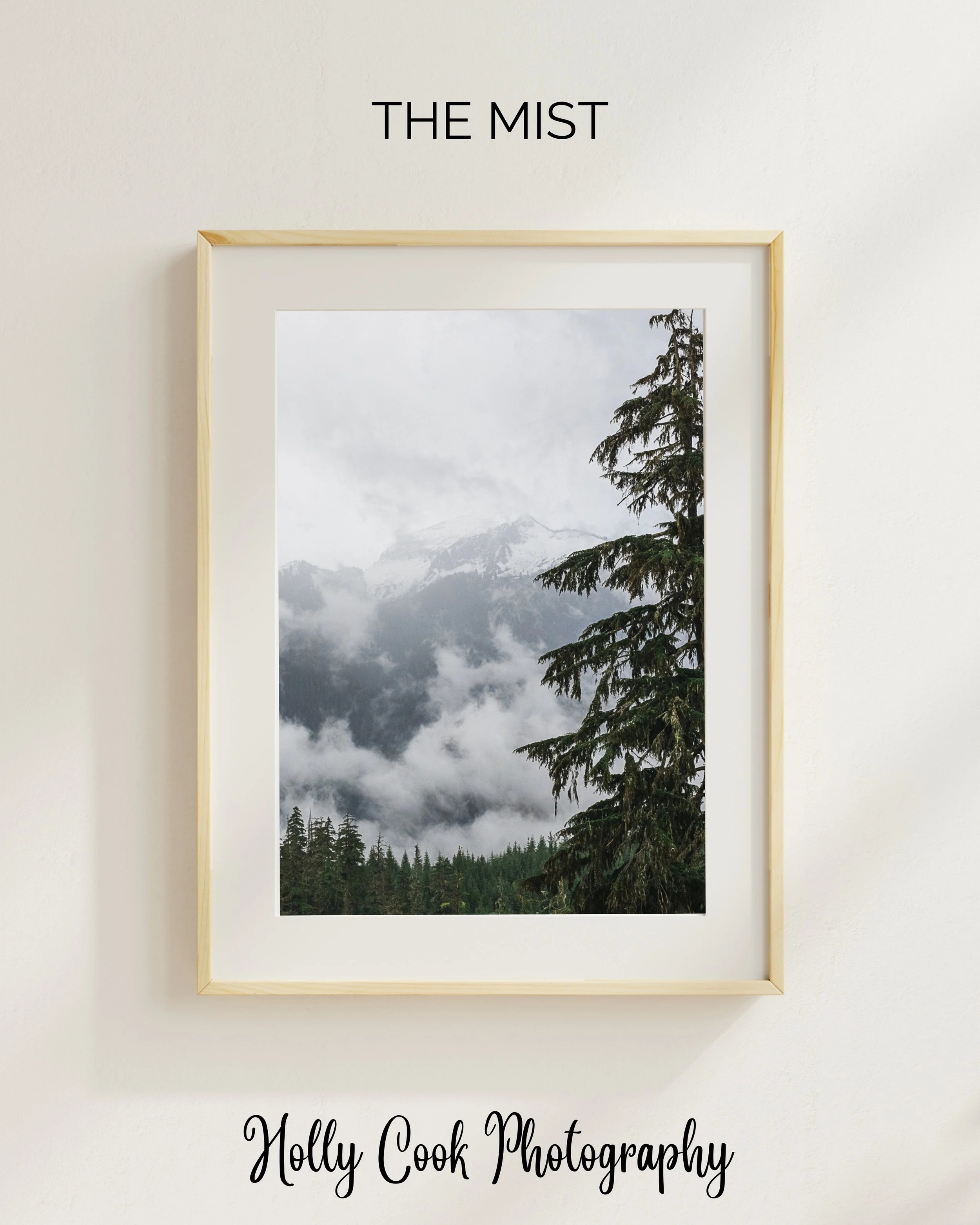 A framed photograph of a foggy mountain landscape with trees in the foreground and clouds surrounding the mountains, labeled 'The Mist'.
