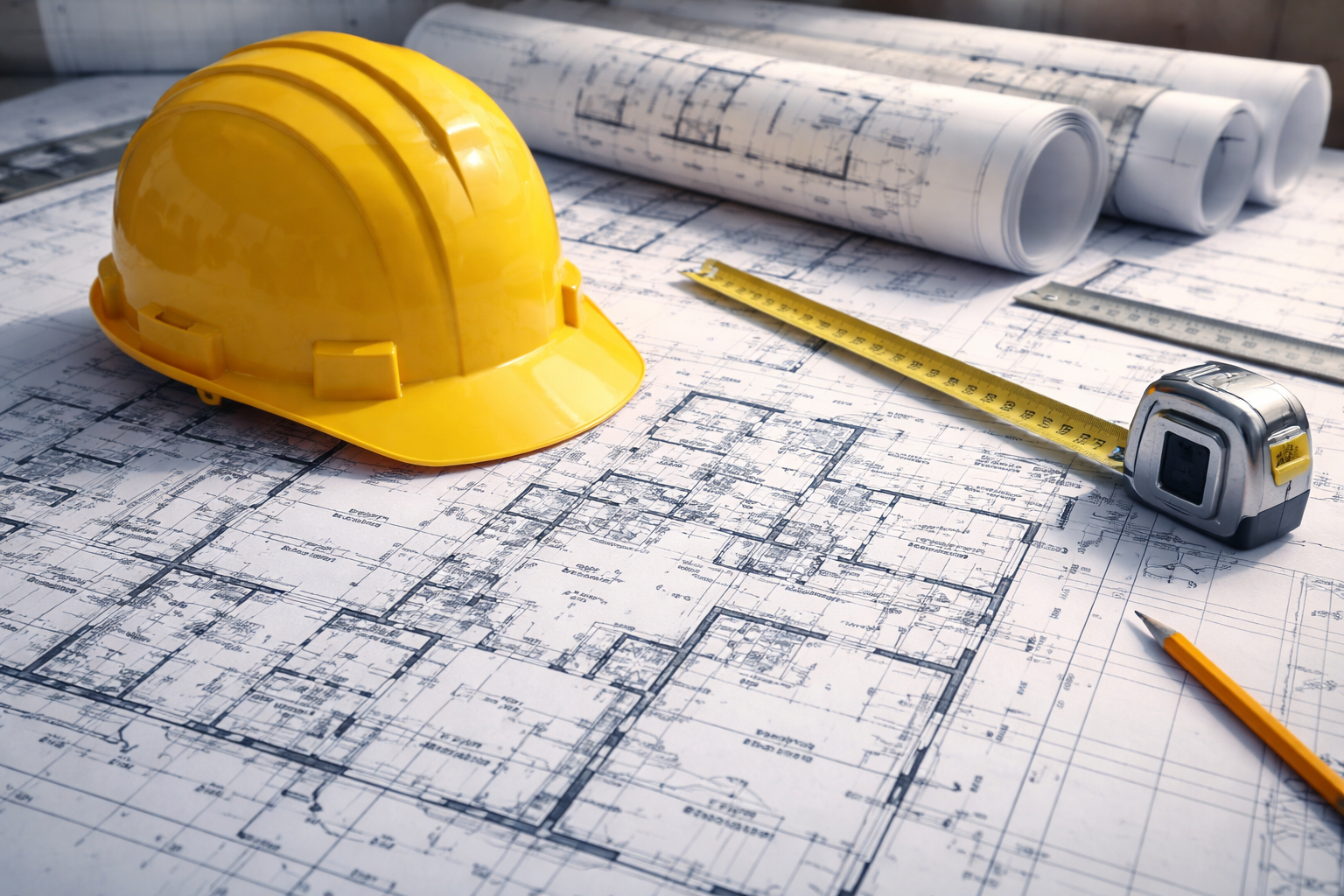 Blueprints of building plans spread out on a table, a yellow safety helmet, a measuring tape, and a pencil.