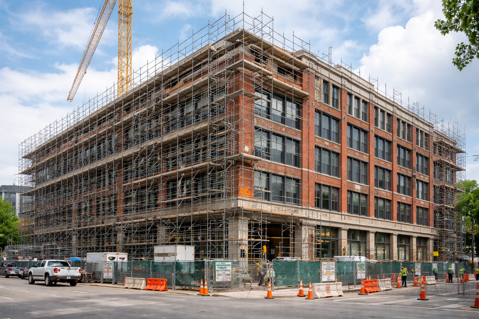 Construction site with a multi-story brick building surrounded by scaffolding, construction workers, safety barriers, and equipment under a partly cloudy sky.