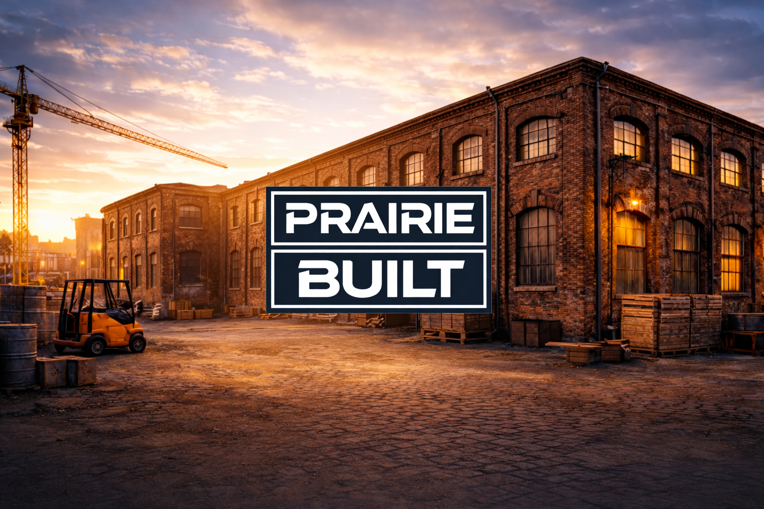 Sunset view of an old brick industrial building with large windows, construction crane, and construction equipment, with Prairie Built logo in the foreground.