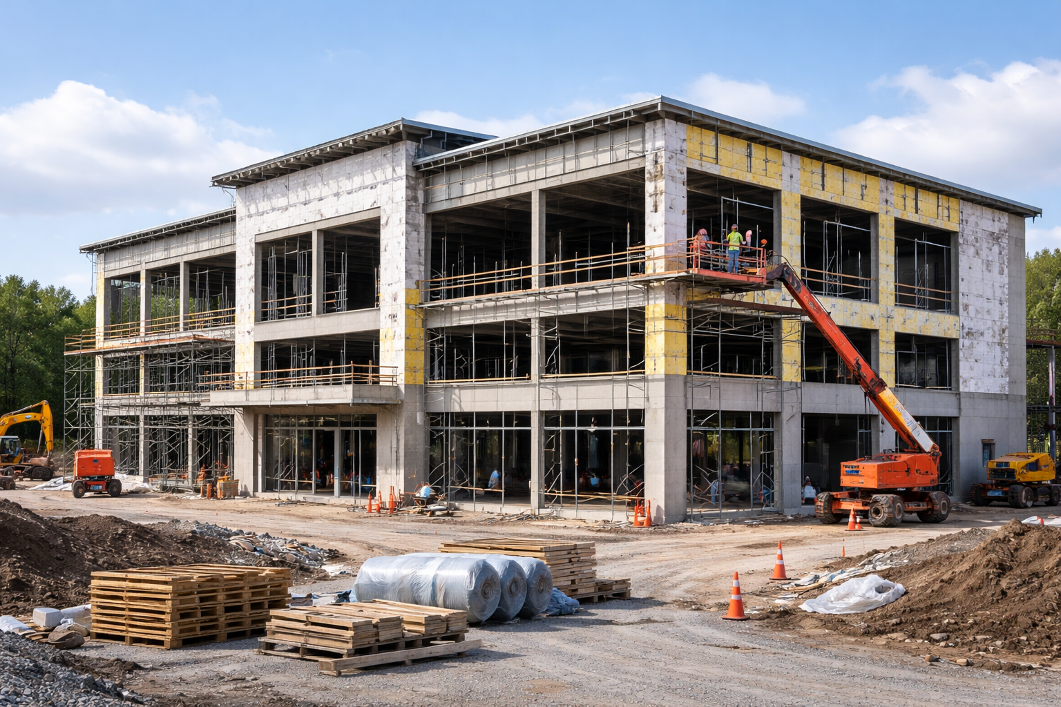 Construction site with a multi-story building under construction, scaffolding, construction workers, and heavy machinery.