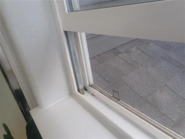 Residential window with failed balance hardware causing the sash to sit unevenly.