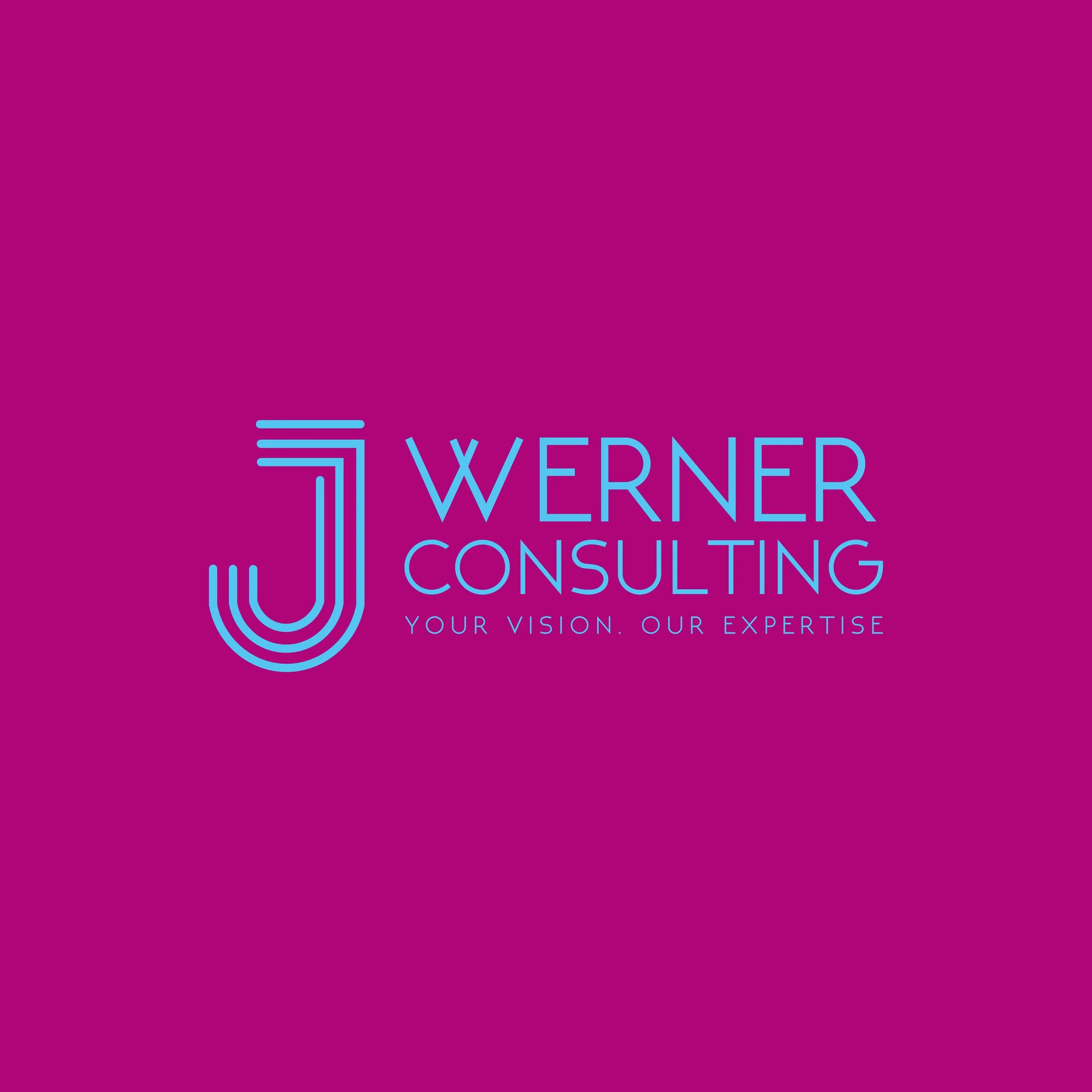 Logo of Werner Consulting with purple background, blue stylized 'J' logo, and slogan 'Your vision. Our expertise.'