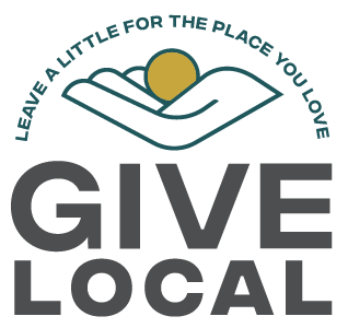 Give local logo with a hand holding a coin that looks like a setting sun in the mountiains with leave a little for the place you love over the top