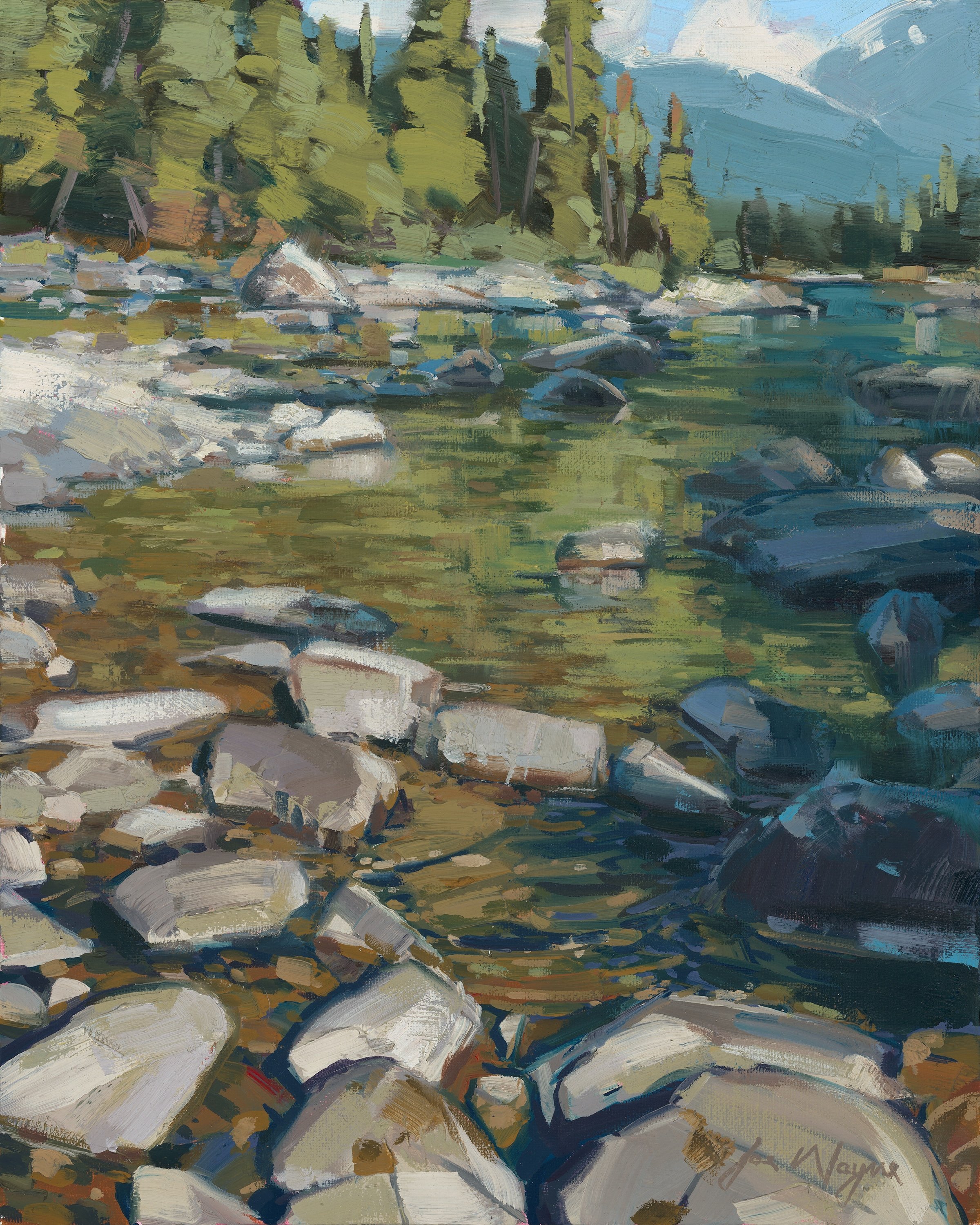 Impressionistic oil painting of a rocky river reflecting the greet forest along its banks with mountains fading into the distance.