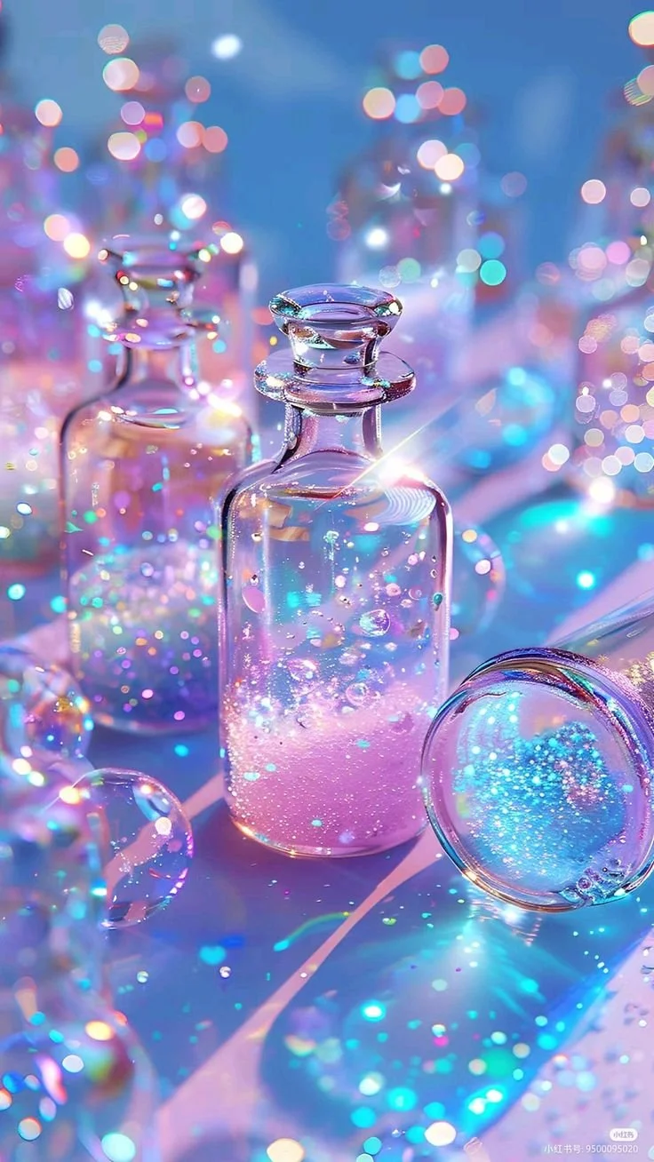 Glass bottles with glowing pink and blue liquid and sparkles