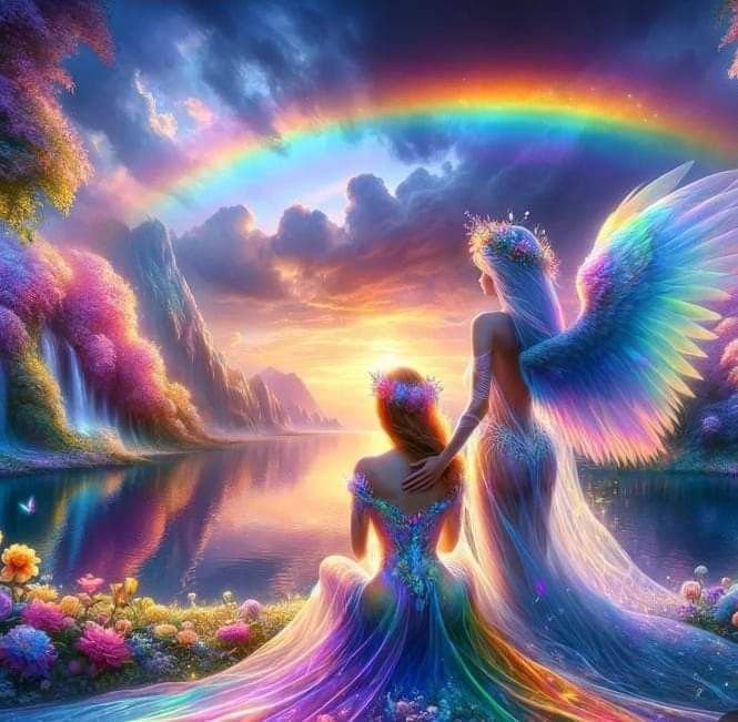 Two ethereal figures in colorful dresses, one with rainbow wings, sit by a serene lake with a rainbow and vibrant sunset in the background. The scene is surrounded by colorful flowers and mountains.