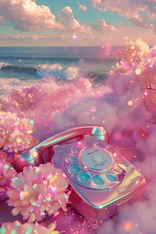 A vintage rotary phone in pink surrounded by pink clouds and flowers, with an ocean backdrop under a colorful sky.