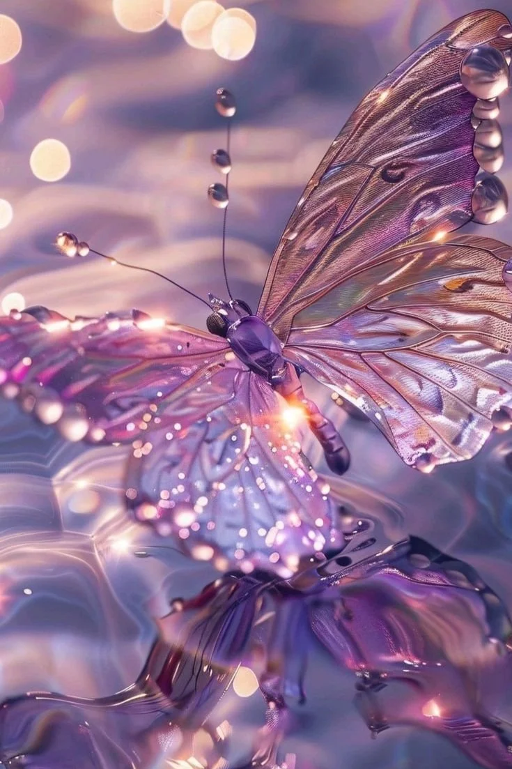 Close-up of a vibrant, digital purple butterfly with shiny, iridescent wings against a blurred background with glowing bokeh lights.