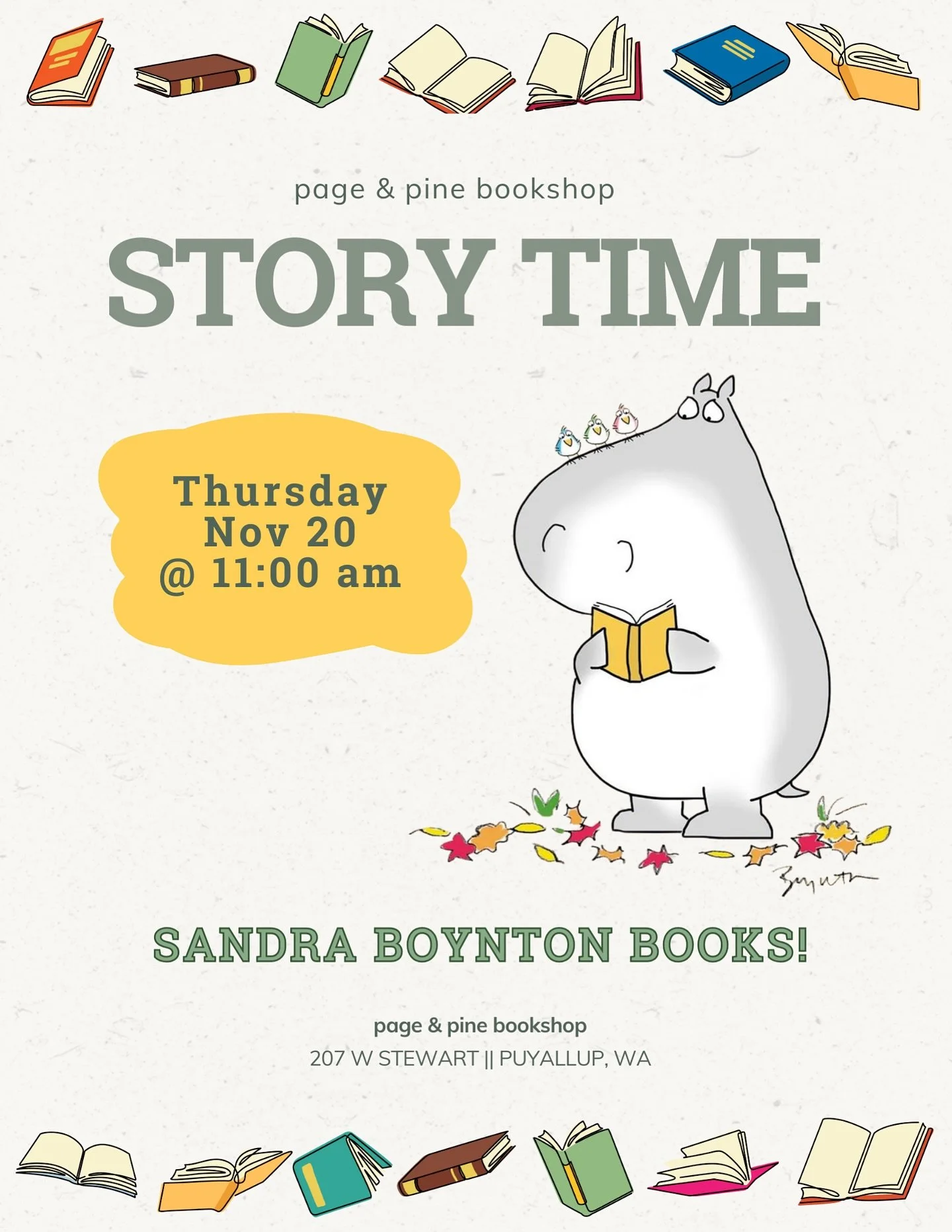 Join us for story time on Thursday, November 20 at 11:00 am for a selection of Sandra Boynton books!