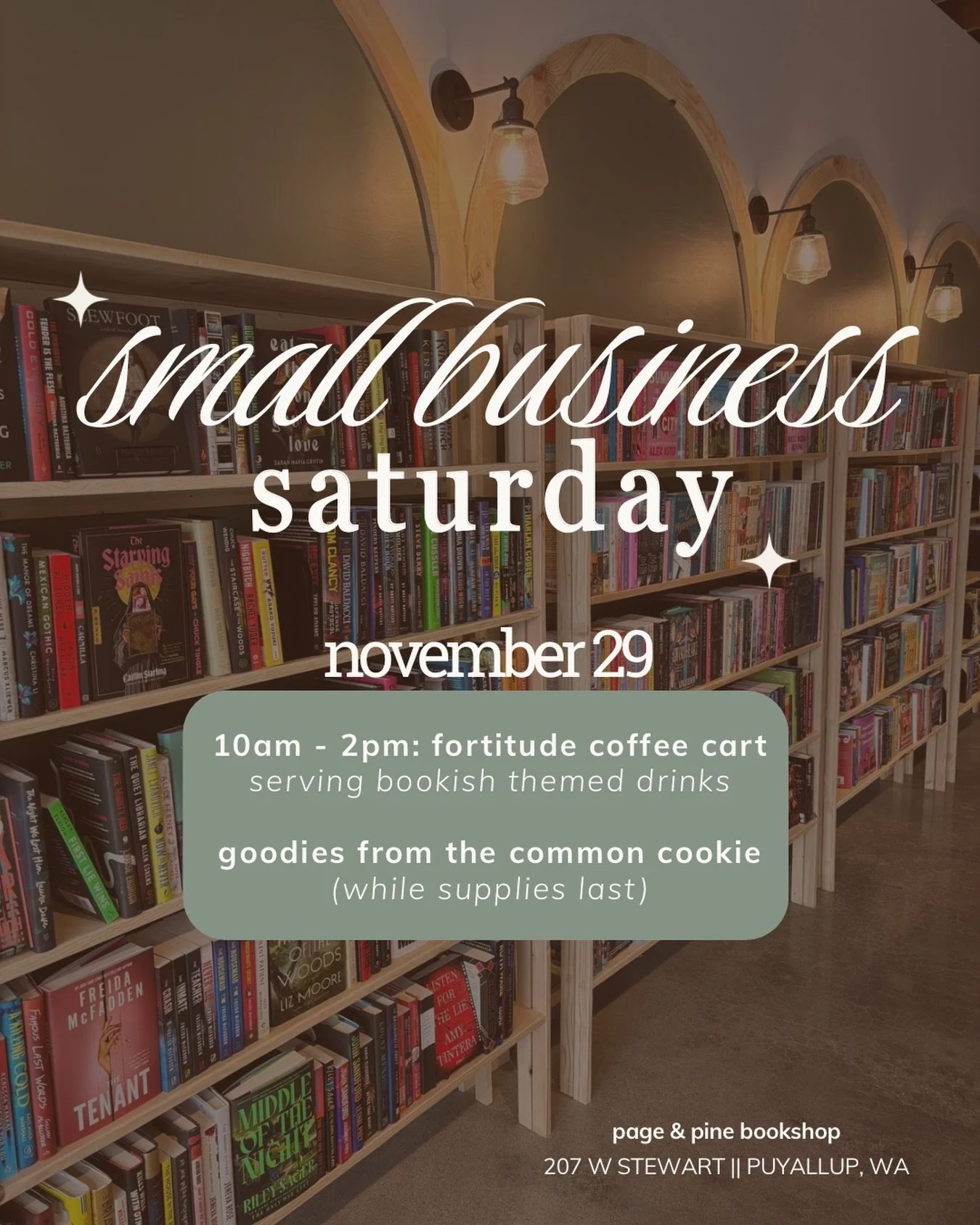 you + books + coffee + cookies = heaven 

on saturday, november 29 get a jumpstart on your holiday list by shopping small.  during small business saturday, come support your local independent bookstore while enjoying a bookish themed beverage from @f