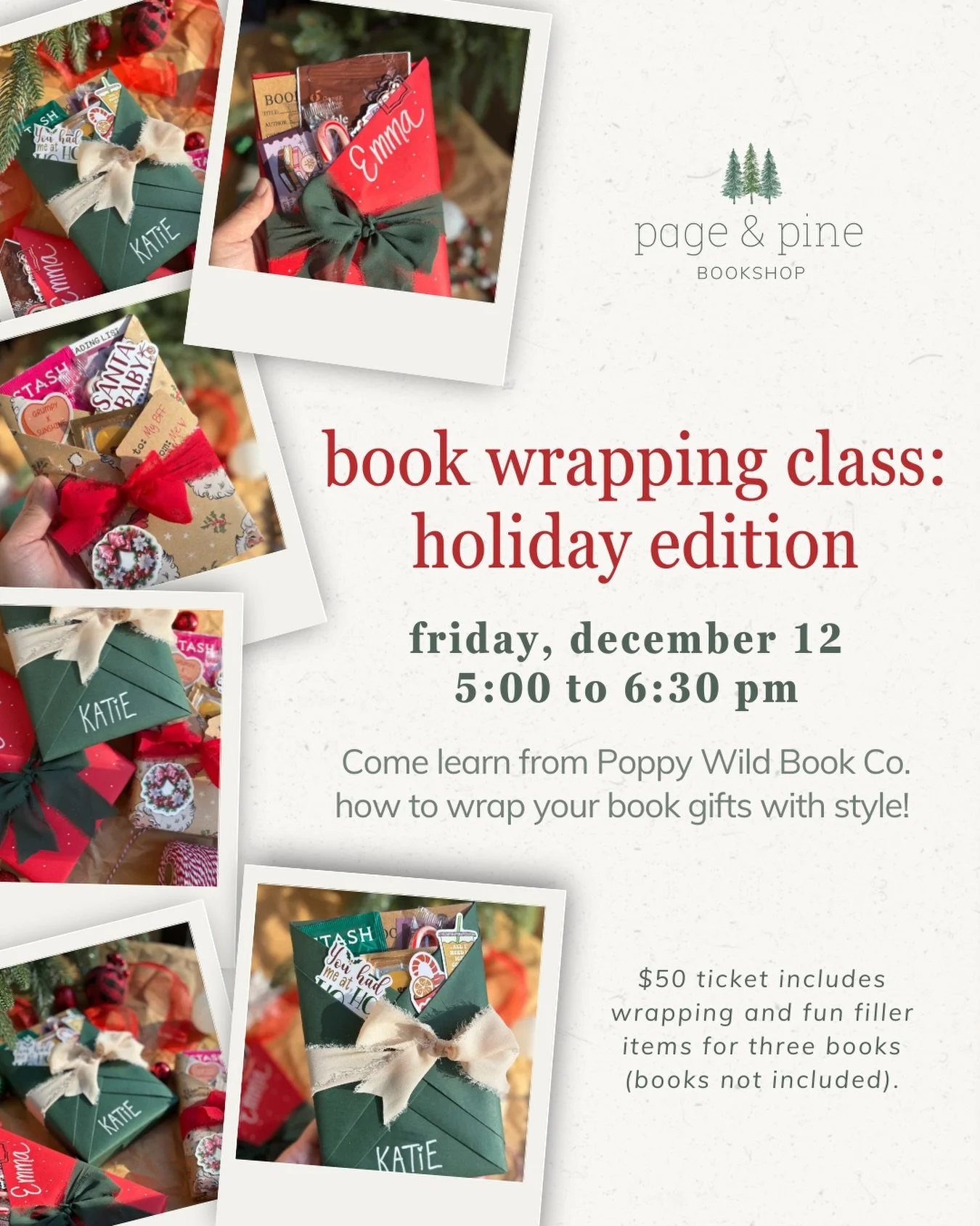 join page &amp; pine and @poppywild.bookco on friday, december 12 at 5:00pm for a fun and festive book wrapping class: holiday edition 🎁

come learn from Poppy Wild Book Co. how to wrap your book gifts with style, and impress your nearest &amp; dear