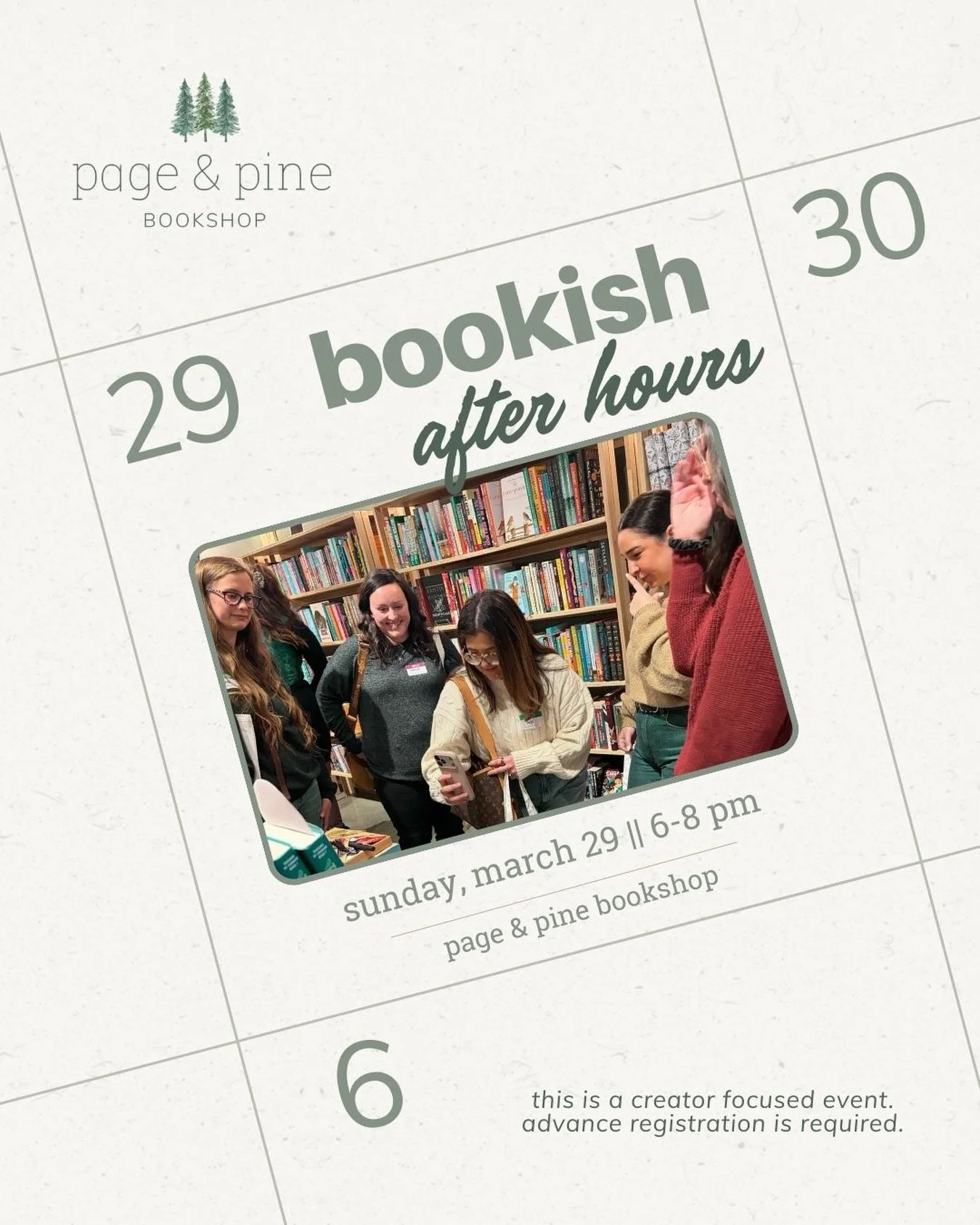 we had so much fun at our bookish creators night in january, we couldn&rsquo;t wait to hang out again! 

we&rsquo;re inviting bookish creators to spend the evening at the shop on march 29. come hang out, film, photograph, talk books, and enjoy the sp