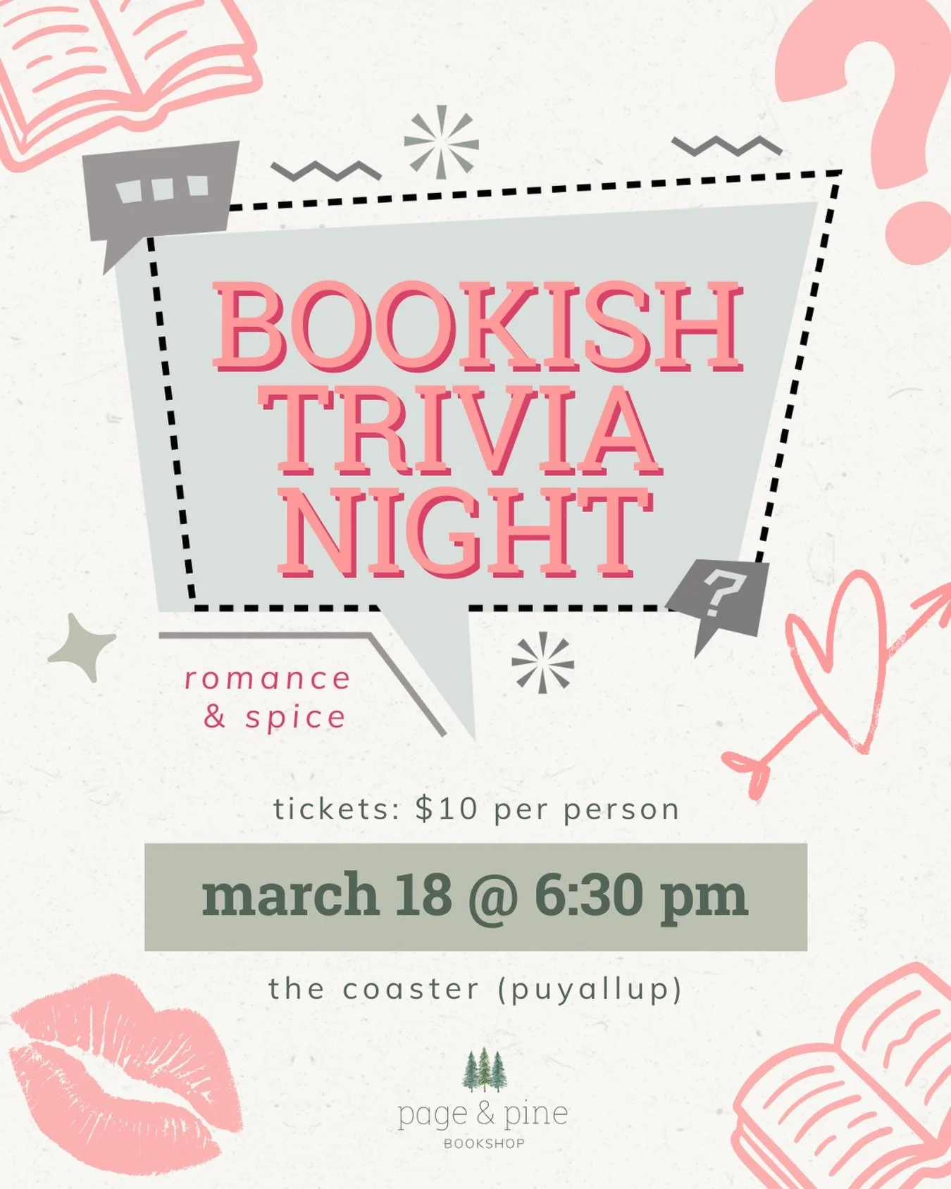join us for another round of bookish trivia, this time with a twist! page &amp; pine bookshop is teaming up with our friends at @thecoaster_puyallup for a special edition of bookish trivia night: romance + spice.

an evening of literary fun featuring