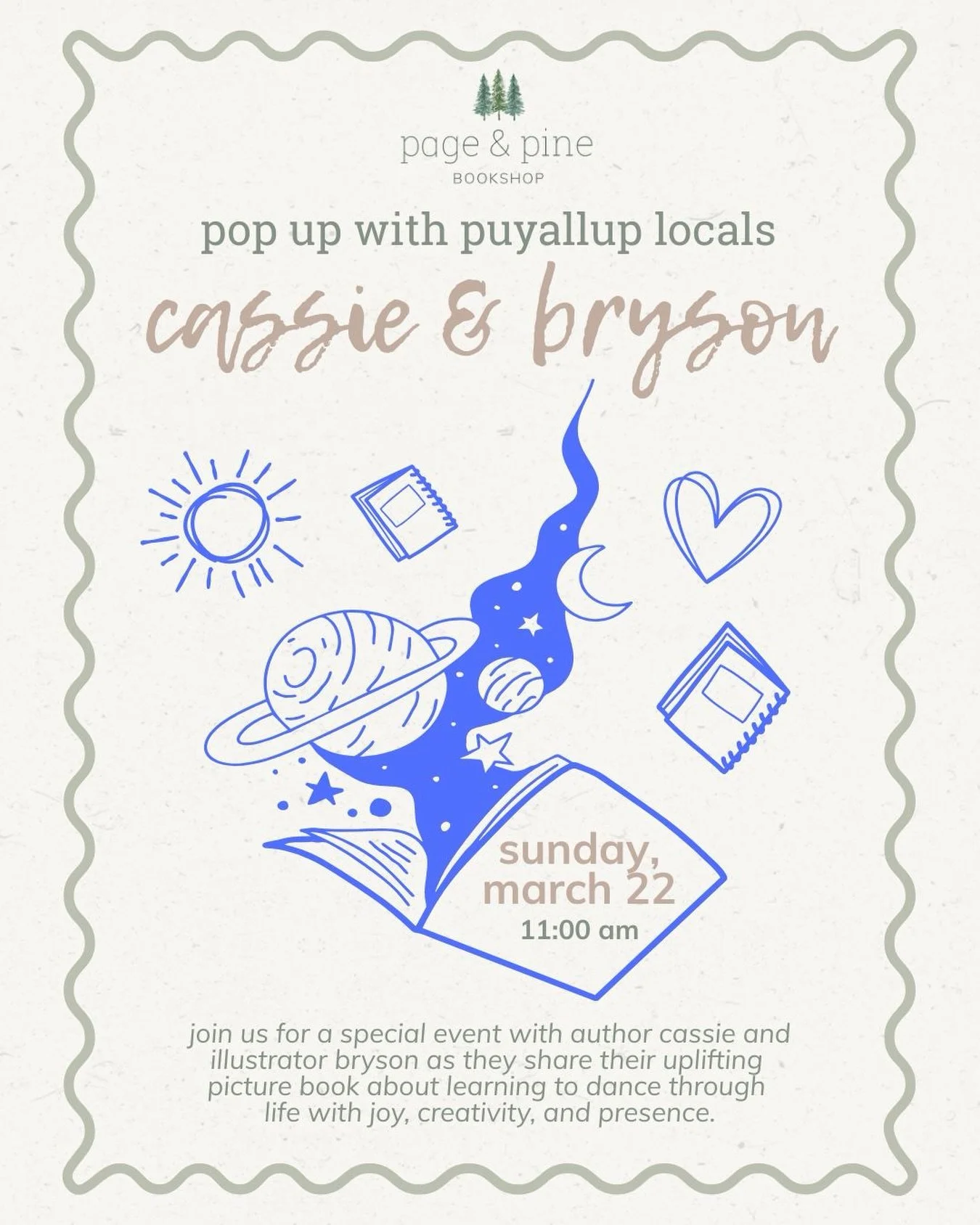 join us for a special event with puyallup locals: author cassie and illustrator bryson as they share their uplifting picture book about learning to dance through life with joy, creativity, and presence.

in this heart centered story, the universe gen